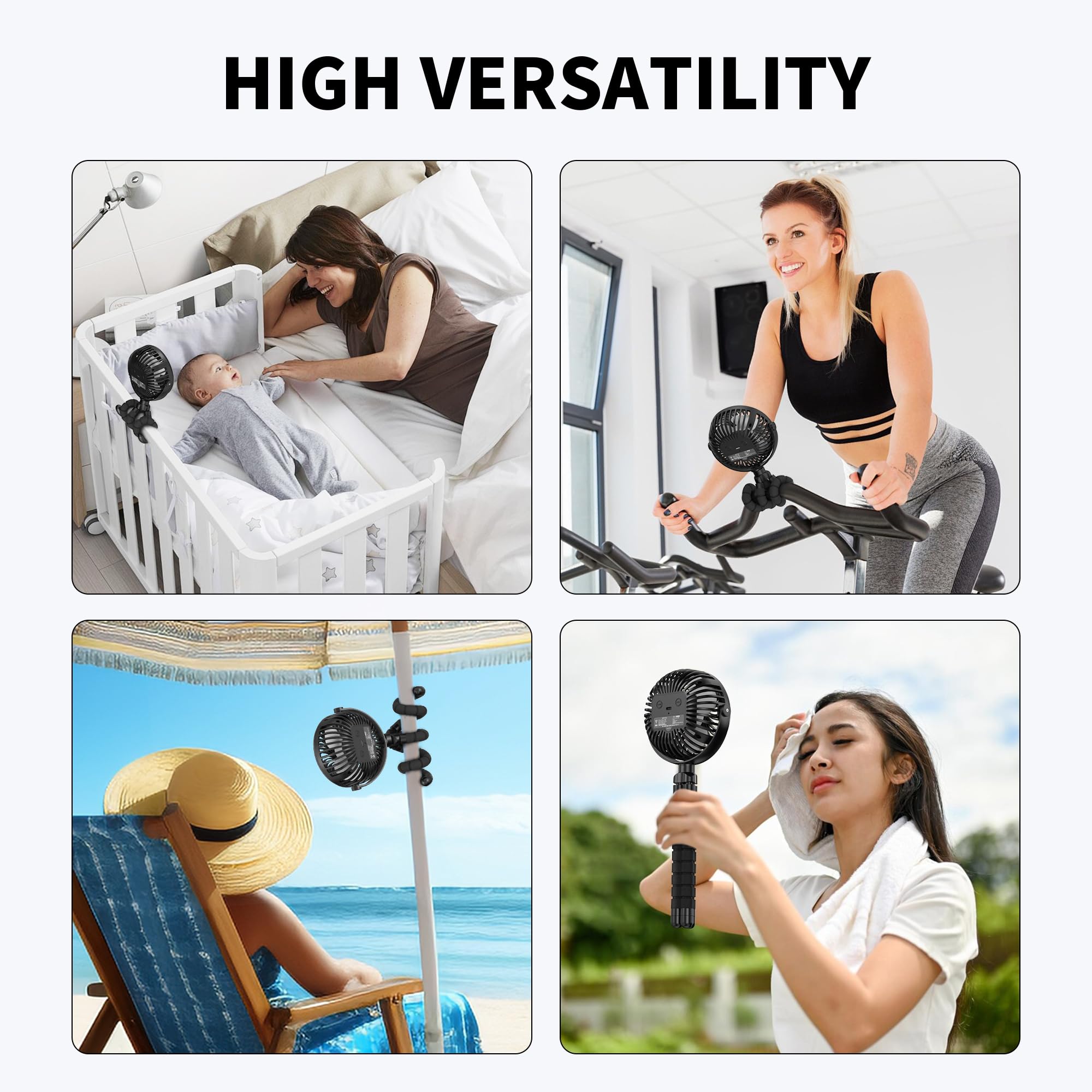 AMACOOL flexible tripod legs bend to fit cribs or wheelchairs.