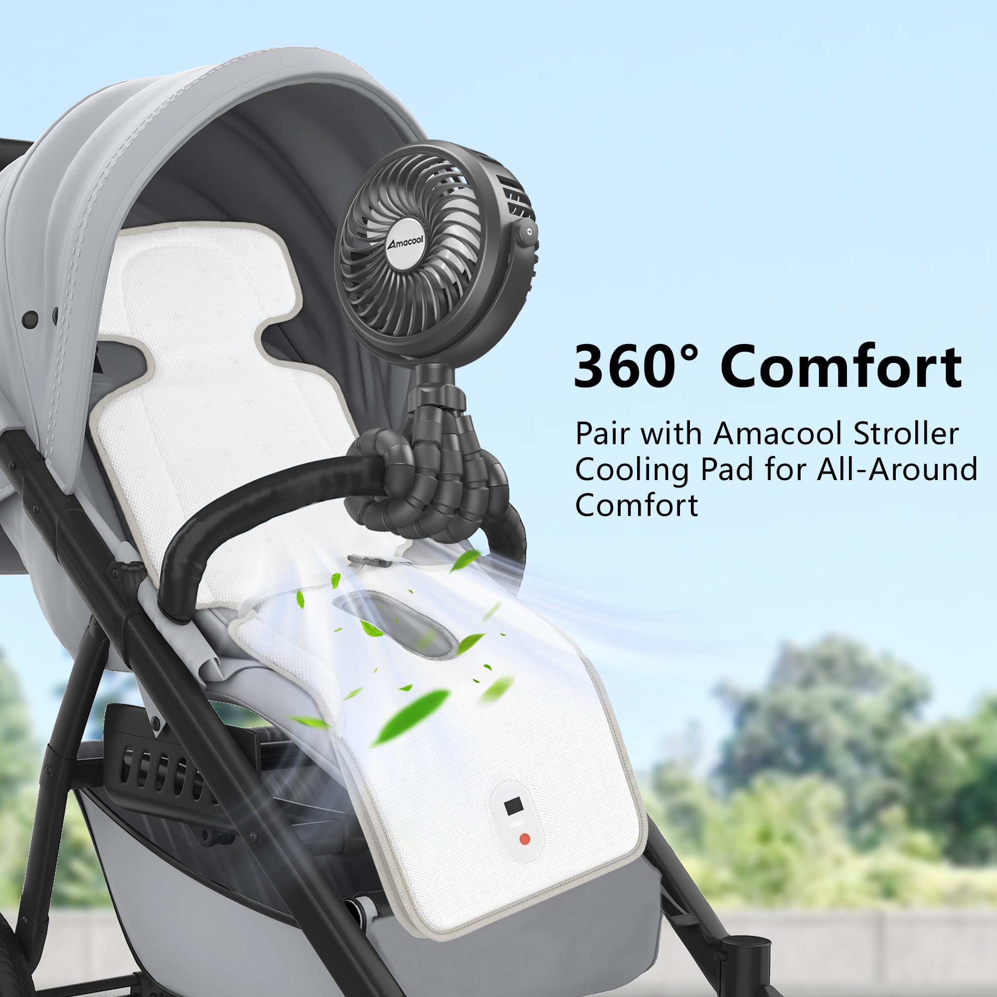 AMACOOL compact clip-on fan usable on stroller, crib, bike, or treadmill.