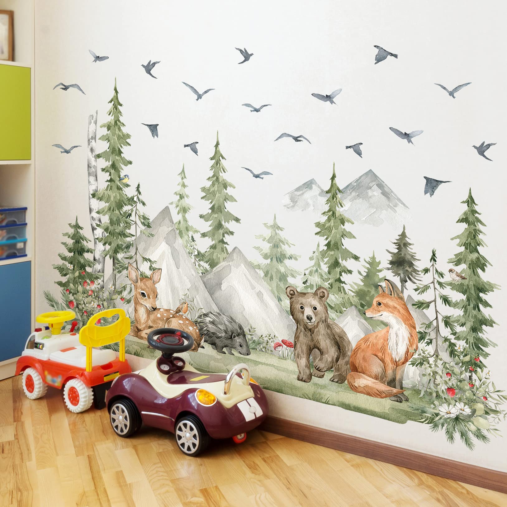 AM AMAONM giant mountain forest wall decal for kids' rooms with woodland animals.