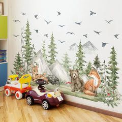AM AMAONM giant mountain forest wall decal for kids' rooms with woodland animals.