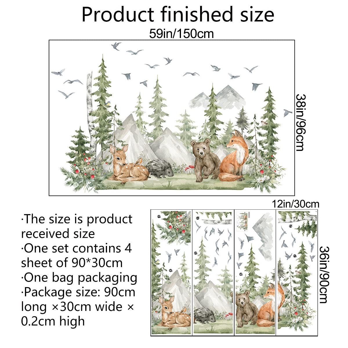 AM AMAONM giant mountain forest wall decal with woodland animals in watercolor style.