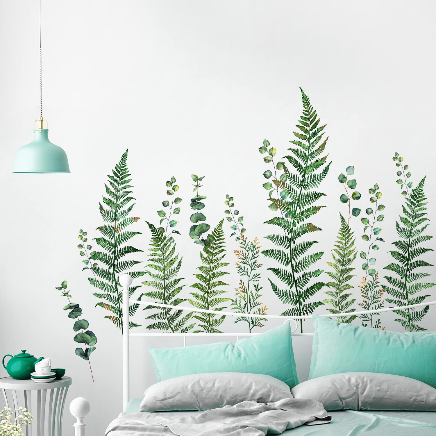 AM AMAONM leaf decals added to bedroom wall for fresh contrast