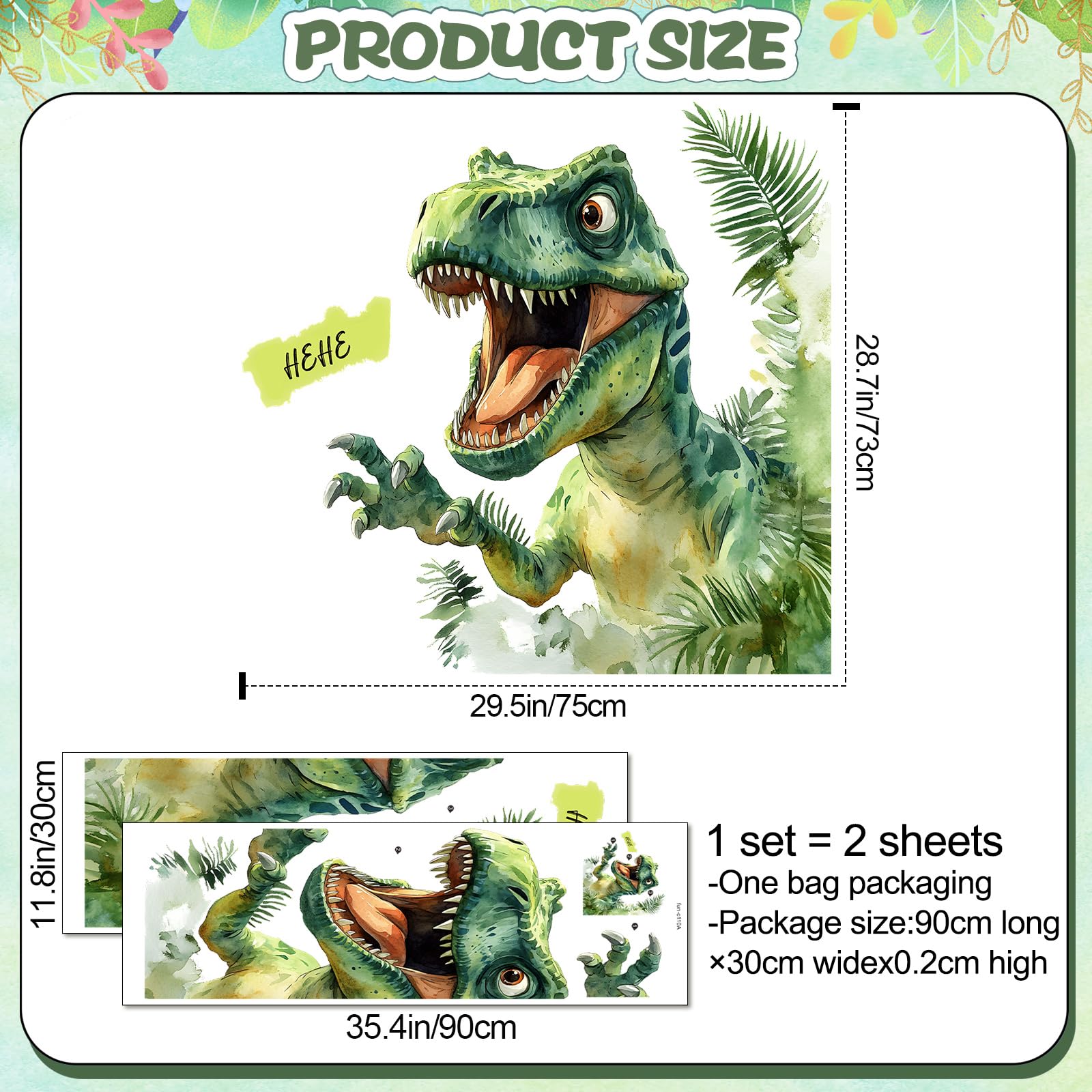 AM AMAONM T-Rex wall decal close up showing teeth, bright color ideal for kids rooms