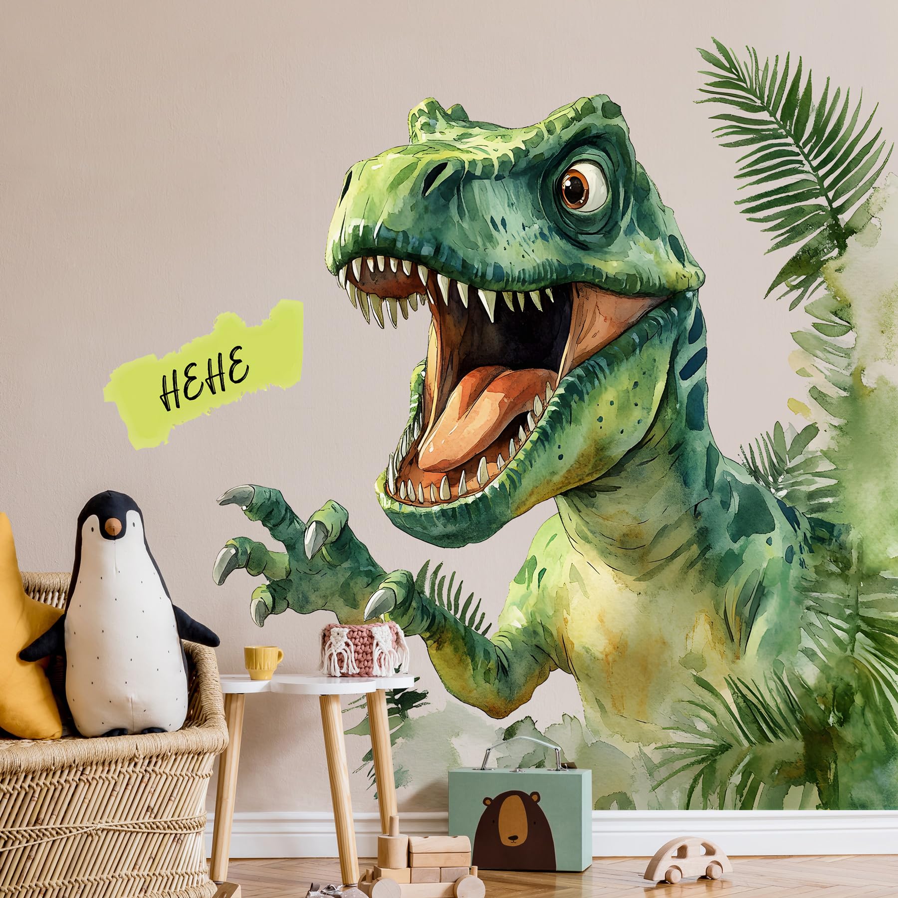AM AMAONM green T-Rex decal on a wall, easy to apply and remove