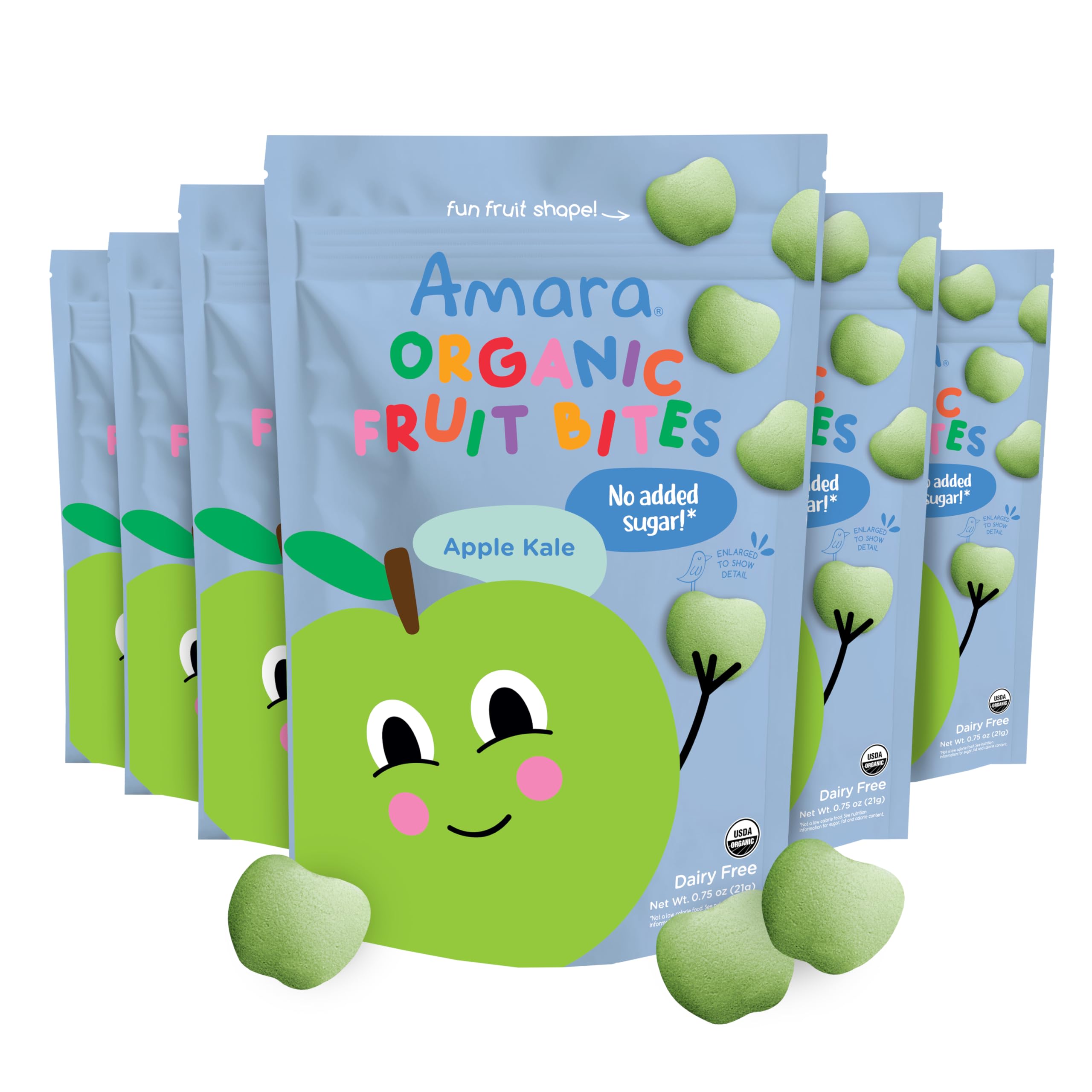 Amara Apple Kale Fruit Bites pack-front in resealable bag for on-the-go snacking.