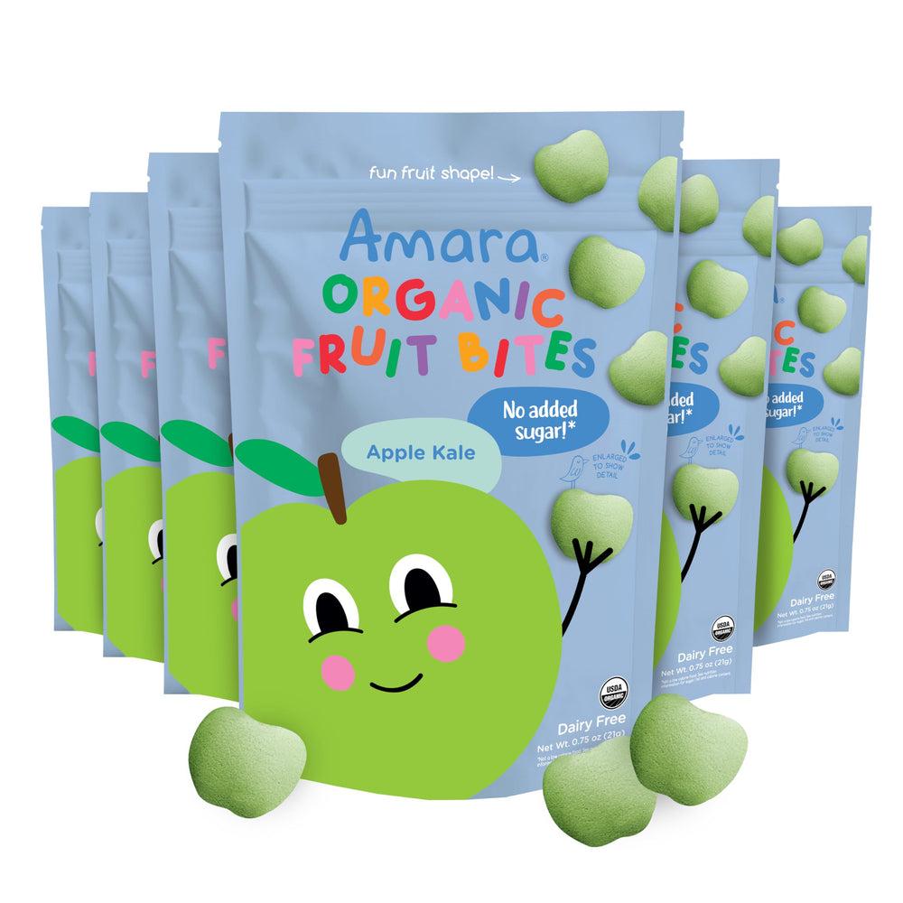 Amara Apple Kale Fruit Bites pack-front in resealable bag for on-the-go snacking.