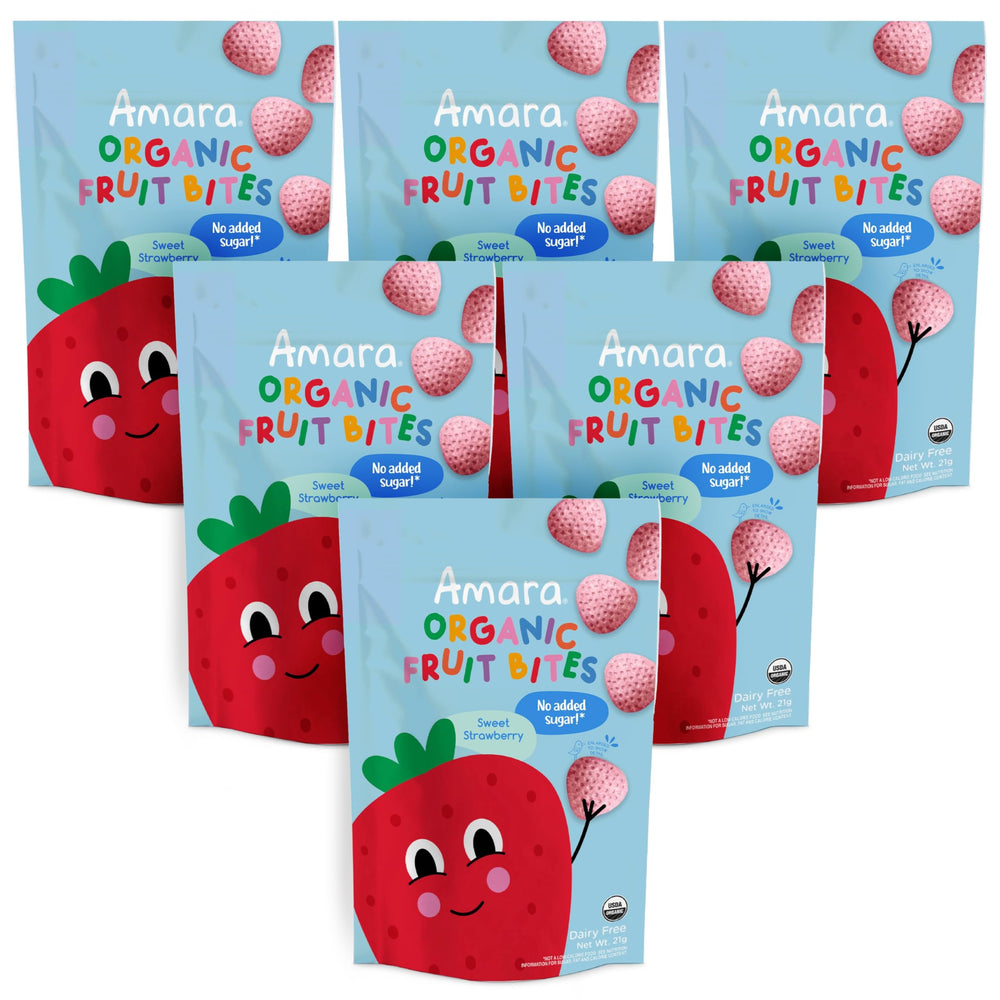 No added sugar message paired with strawberry artwork on Amara bites