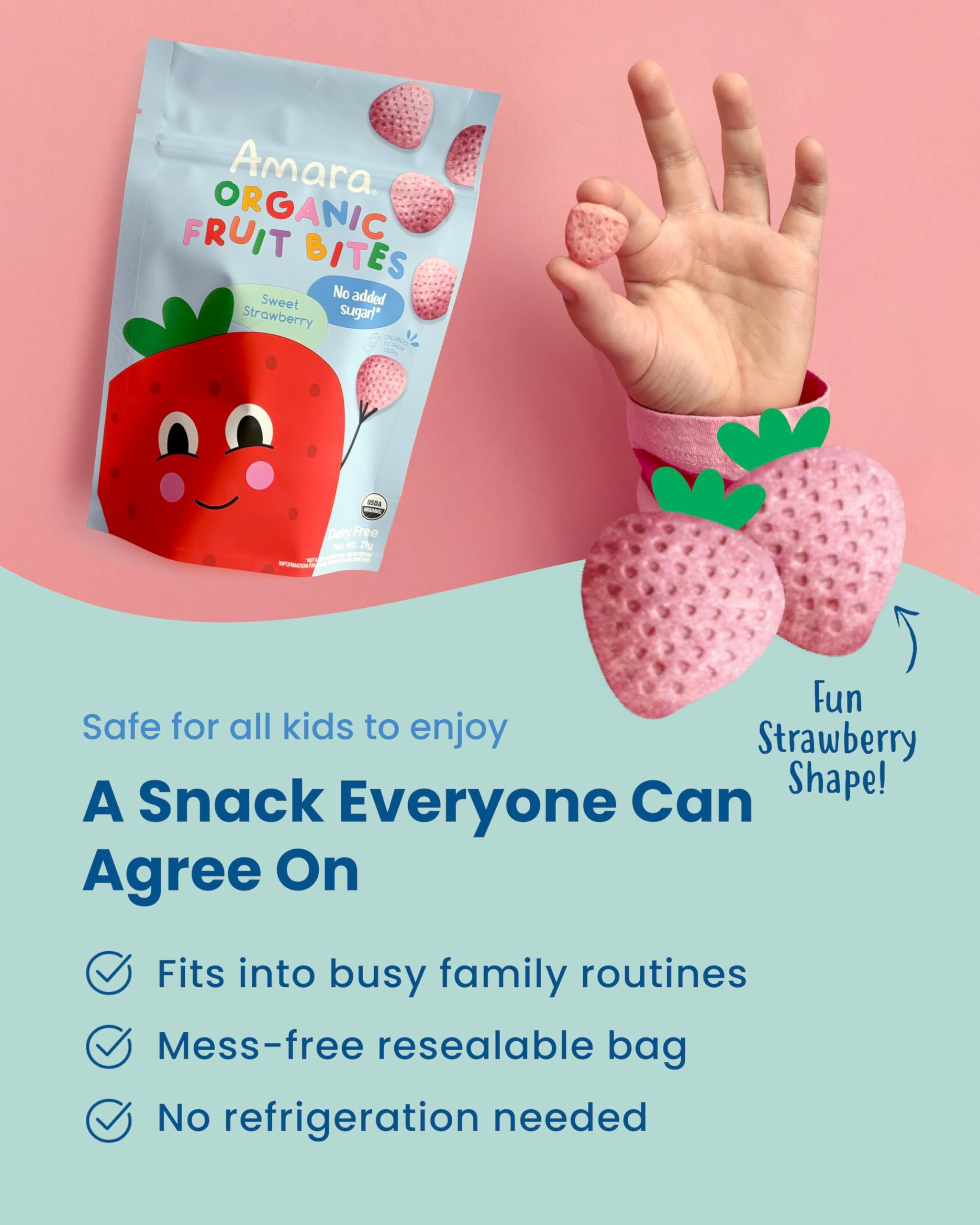 Re-sealable bag of Amara bites ensures freshness and mess free snacking