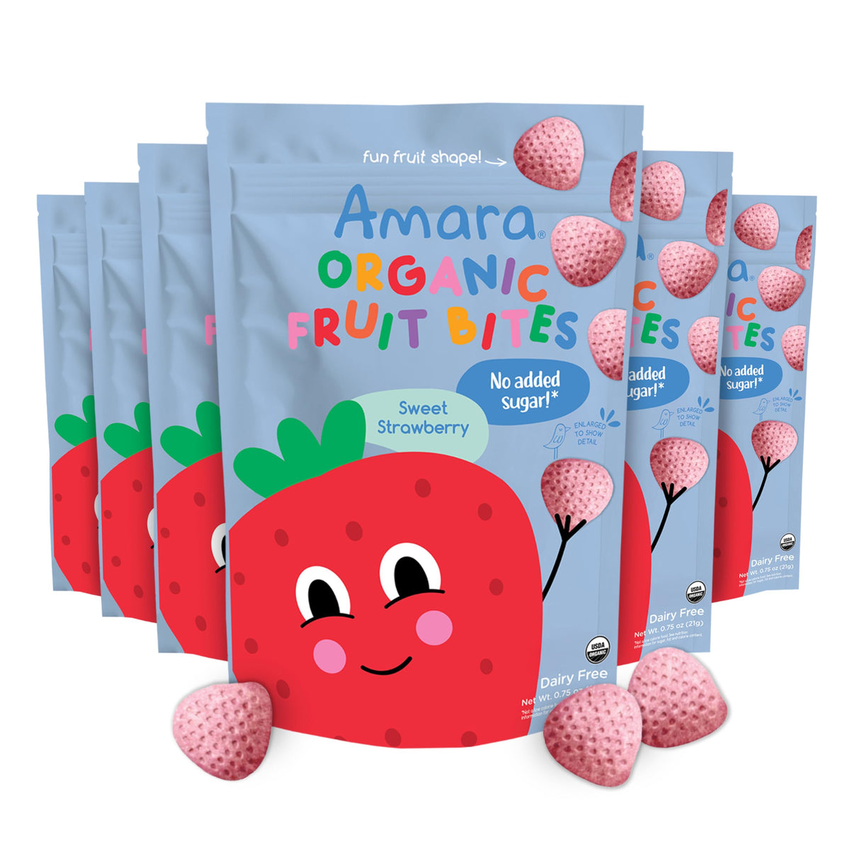 Amara Sweet Strawberry Bites front pack highlighting organic dairy free snack for kids