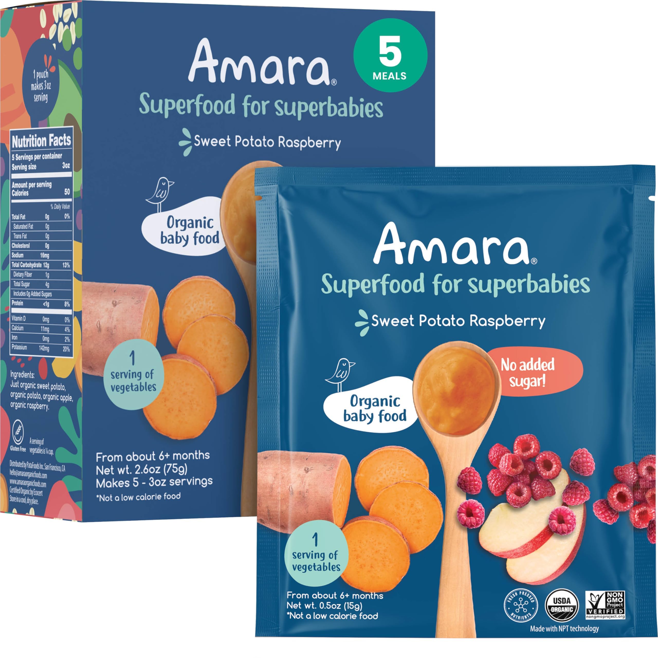 Amara Organic Baby Food Stage 2 sweet potato raspberry pouch for on-the-go meals