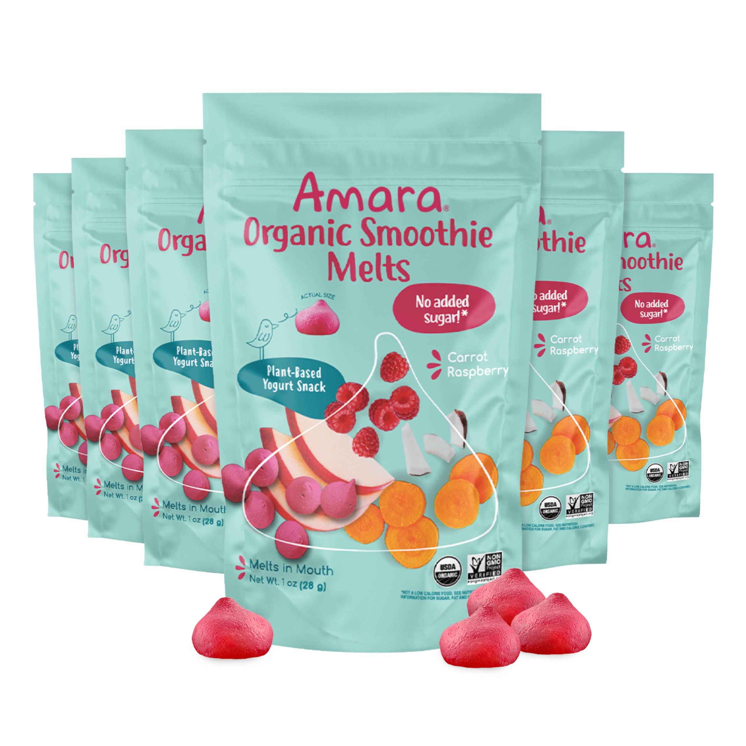 Amara Smoothie Melts packaging shows resealable bags for on-the-go snacking