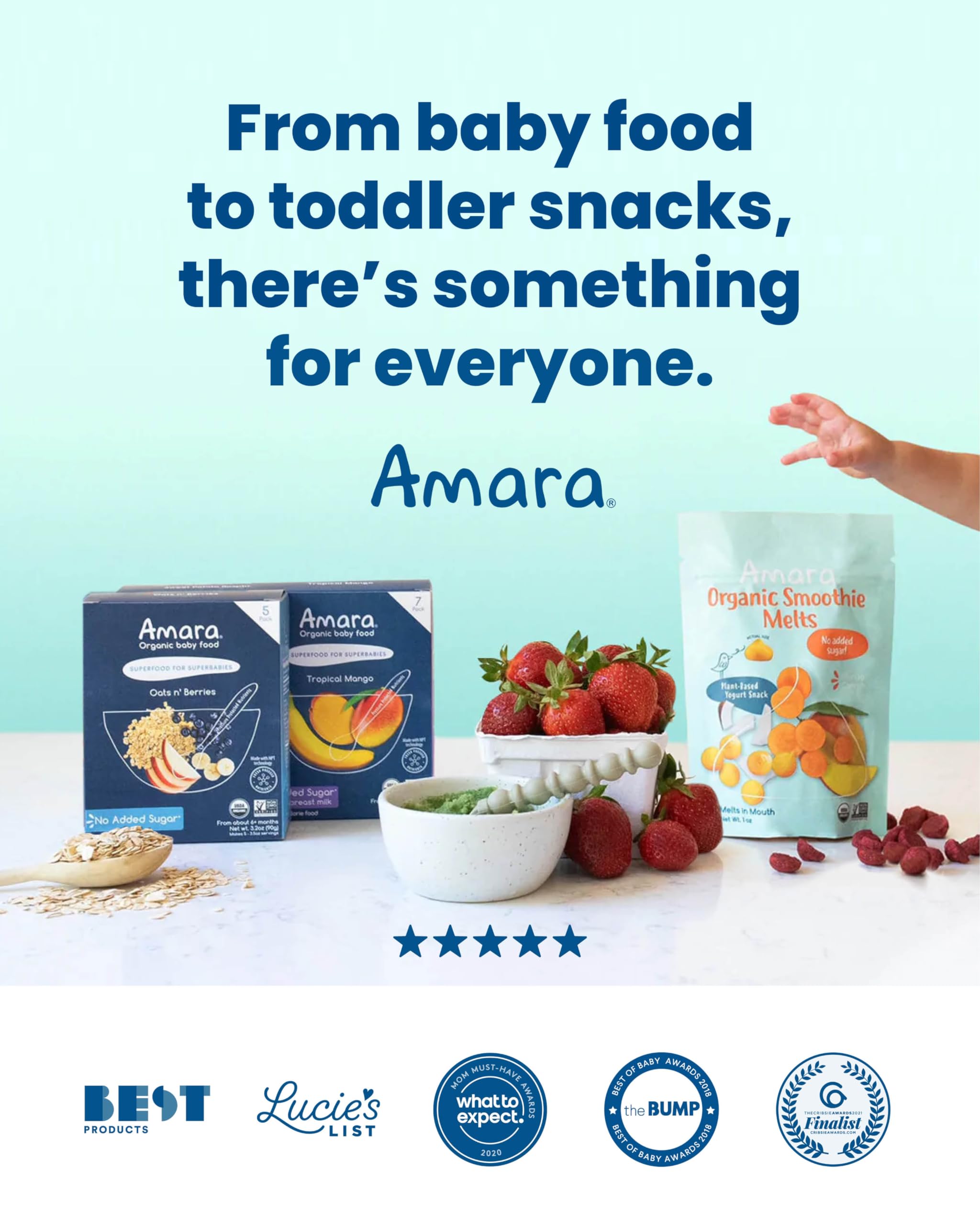 Amara Smoothie Melts kid-friendly snack banner highlighting bite-sized portions.