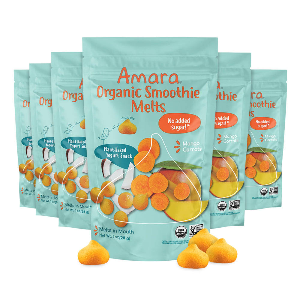 Amara Smoothie Melts mango carrot pack shows convenient, mess-free baby snack for kids.
