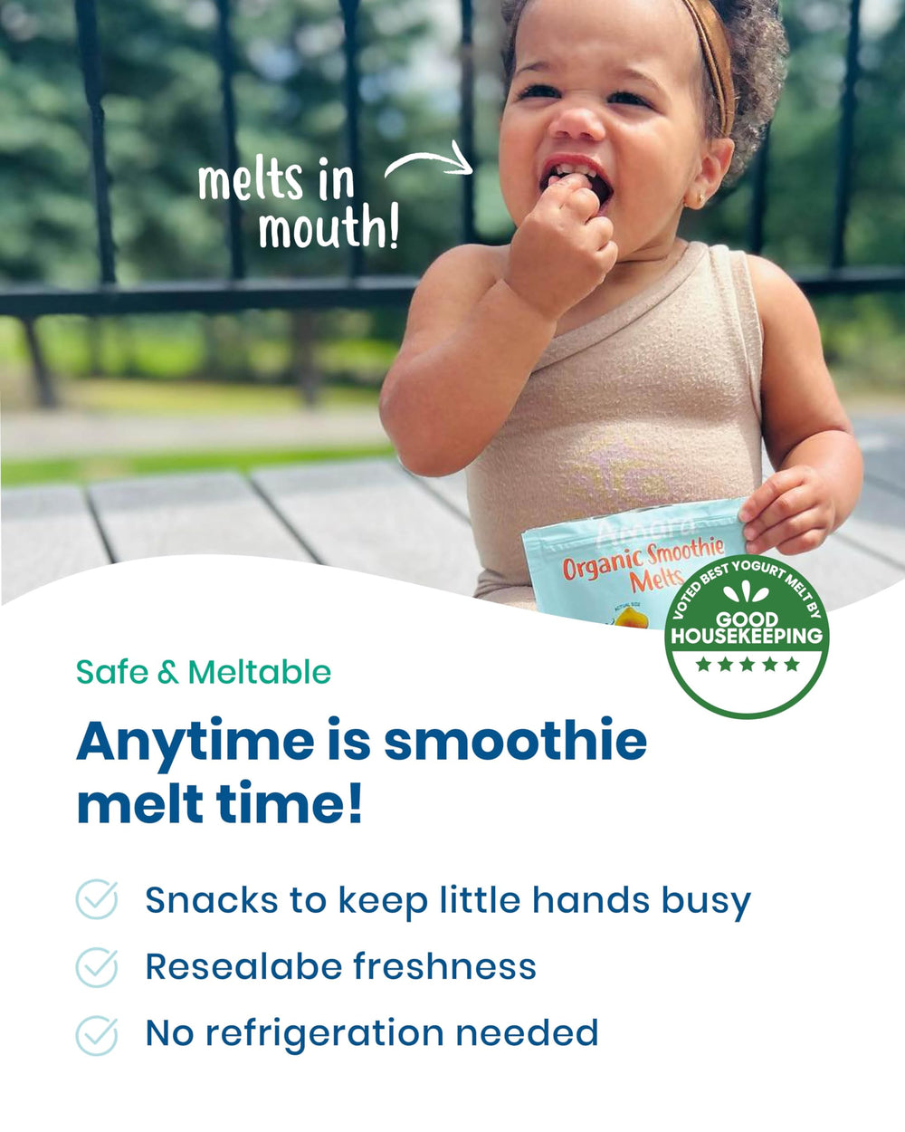 Amara Smoothie Melts resealable bags keep snacks fresh.