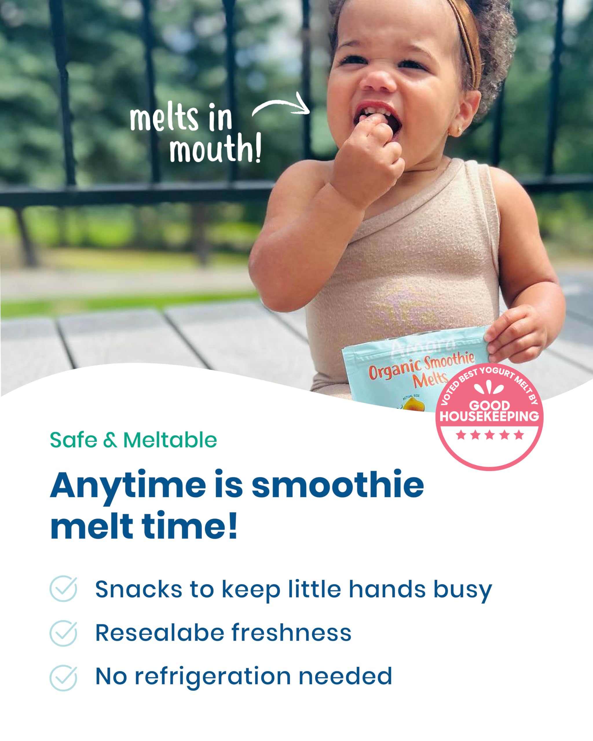 Amara Smoothie Melts resealable packaging emphasizing freshness and convenience.