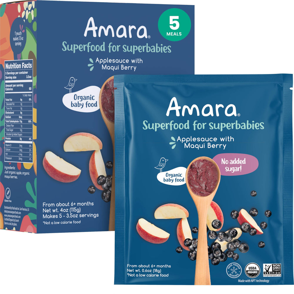 Amara Stage 2 applesauce maqui berry pouch front showing organic fruit