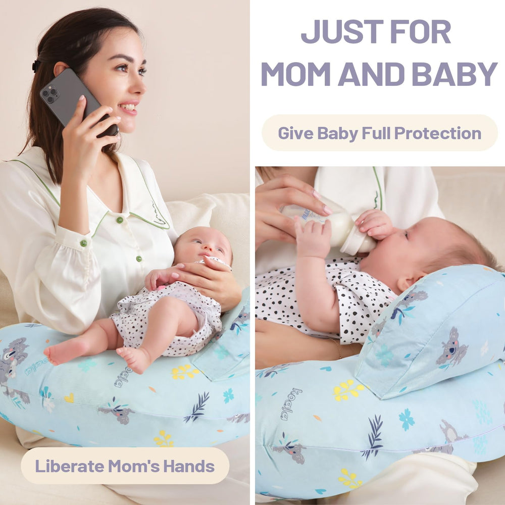 AMASKY nursing pillow with removable blue cotton cover for easy care.