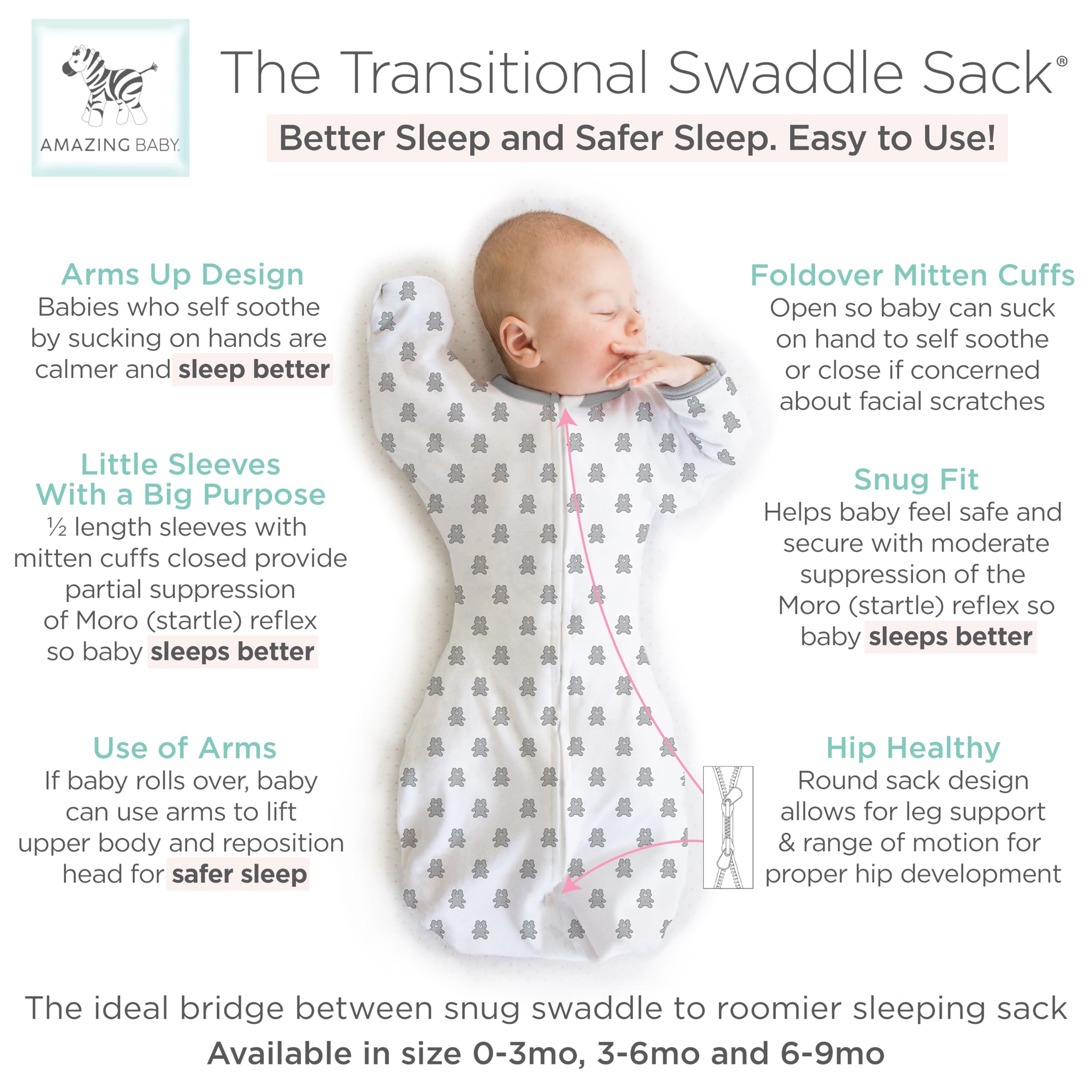 Amazing Baby Transitional Swaddle Sack arms-up sleeves close-up shows partial Moro reflex suppression.