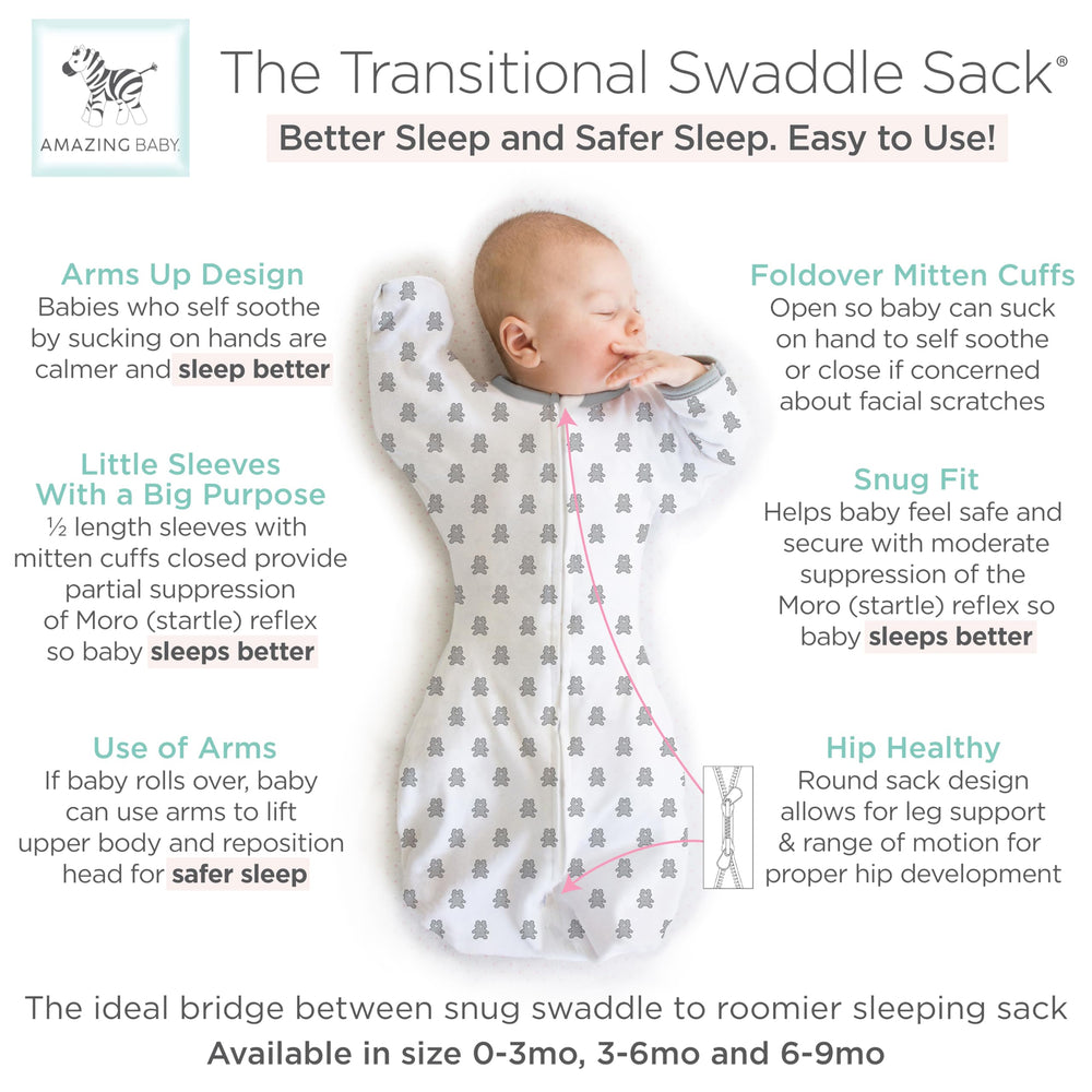 Amazing Baby Transitional Swaddle Sack arms-up sleeves close-up shows partial Moro reflex suppression.