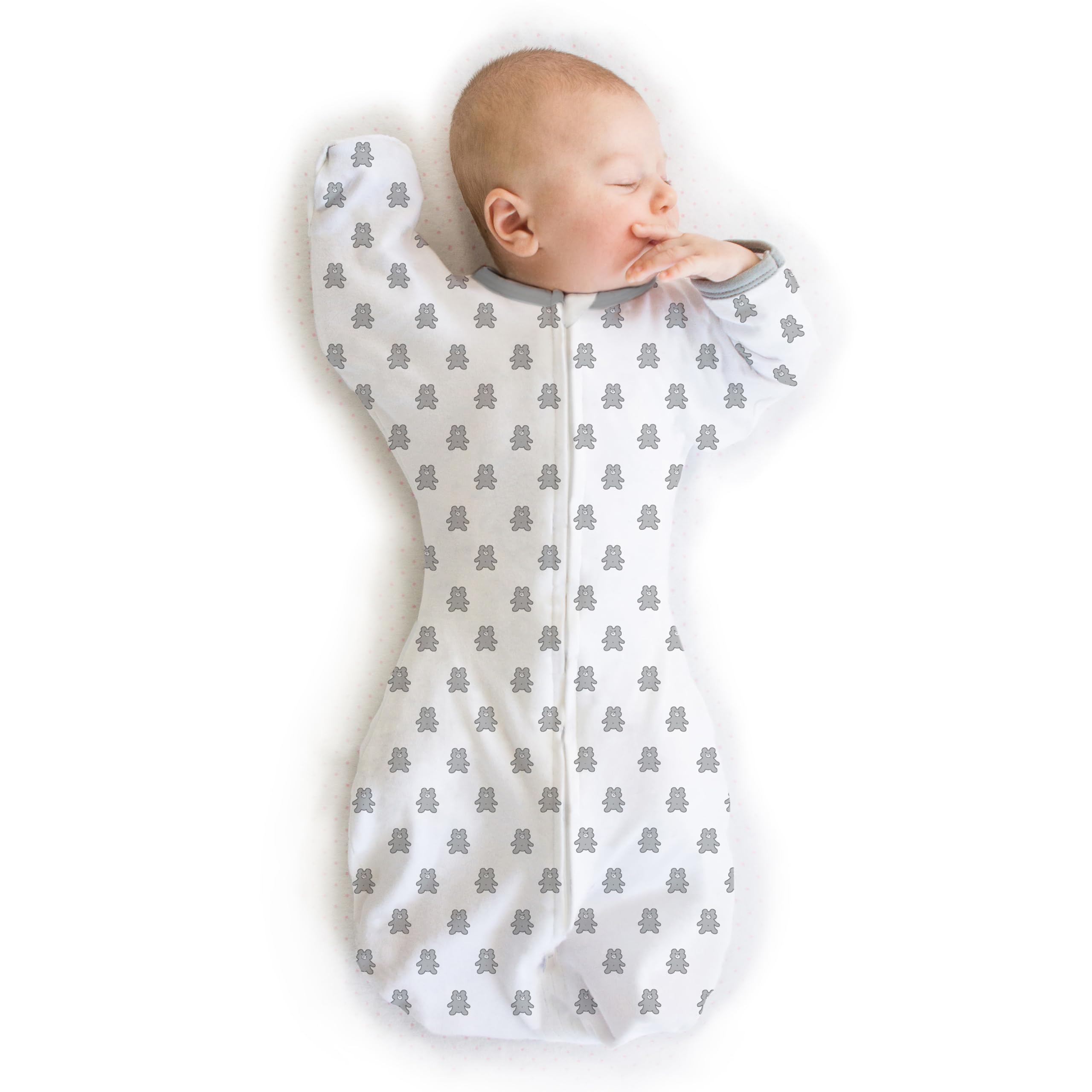 Amazing Baby Transitional Swaddle Sack front view in Sterling Tiny Bear print promotes calm self-soothing.