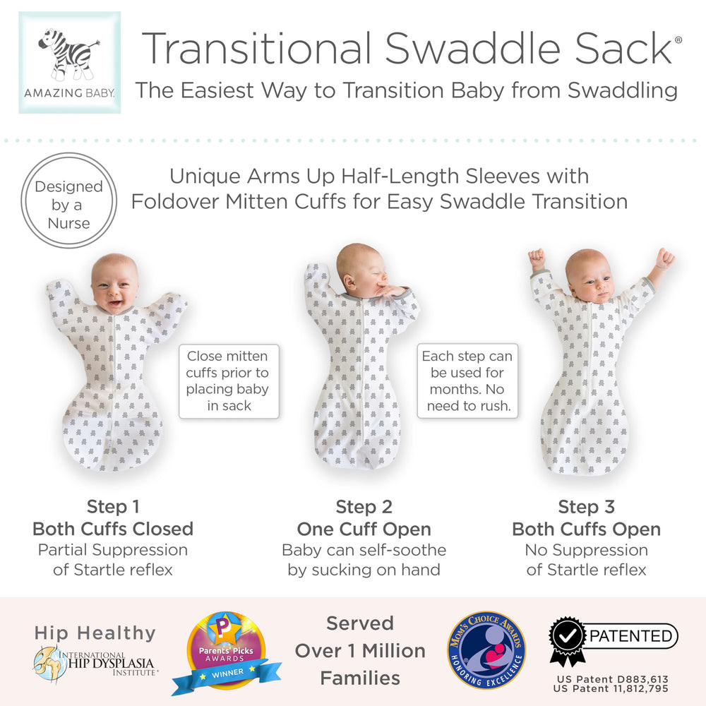 Amazing Baby Transitional Swaddle Sack mitten cuffs closed demonstrates protection from facial scratches.