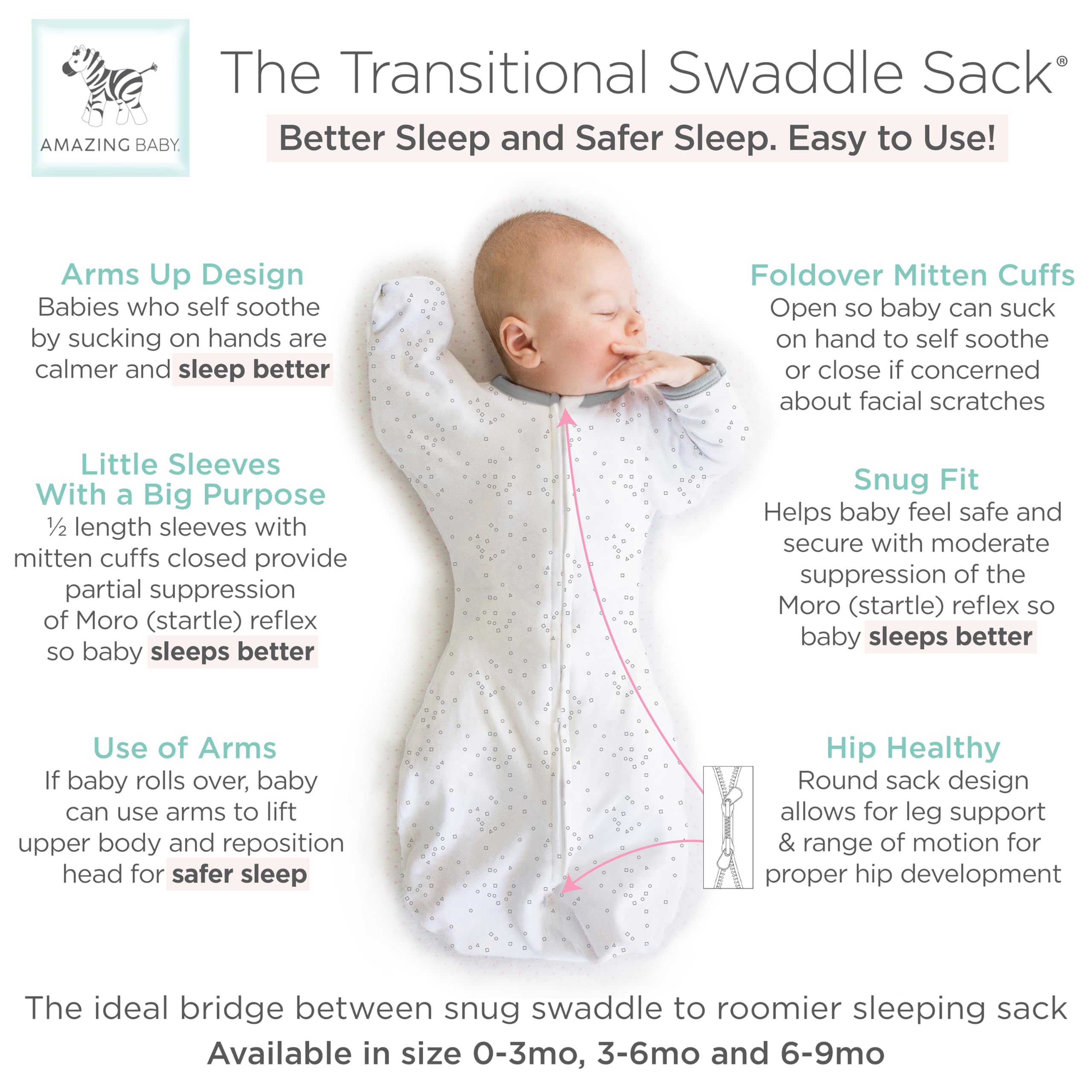 Amazing Baby Transitional Swaddle Sack with mitten cuffs supports controlled startle reflex.