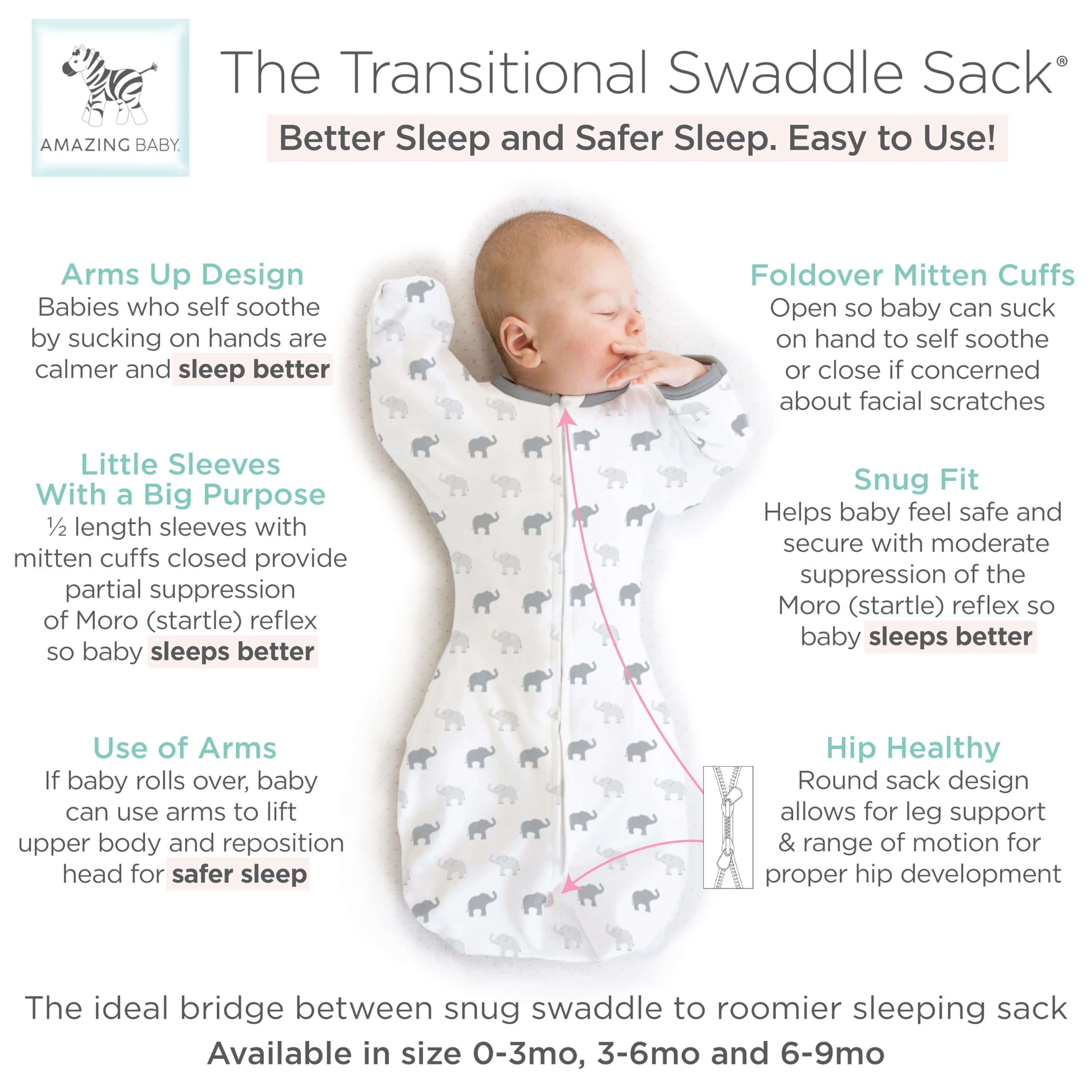 Amazing Baby Transitional Swaddle Sack closed mittens support safe sleep.