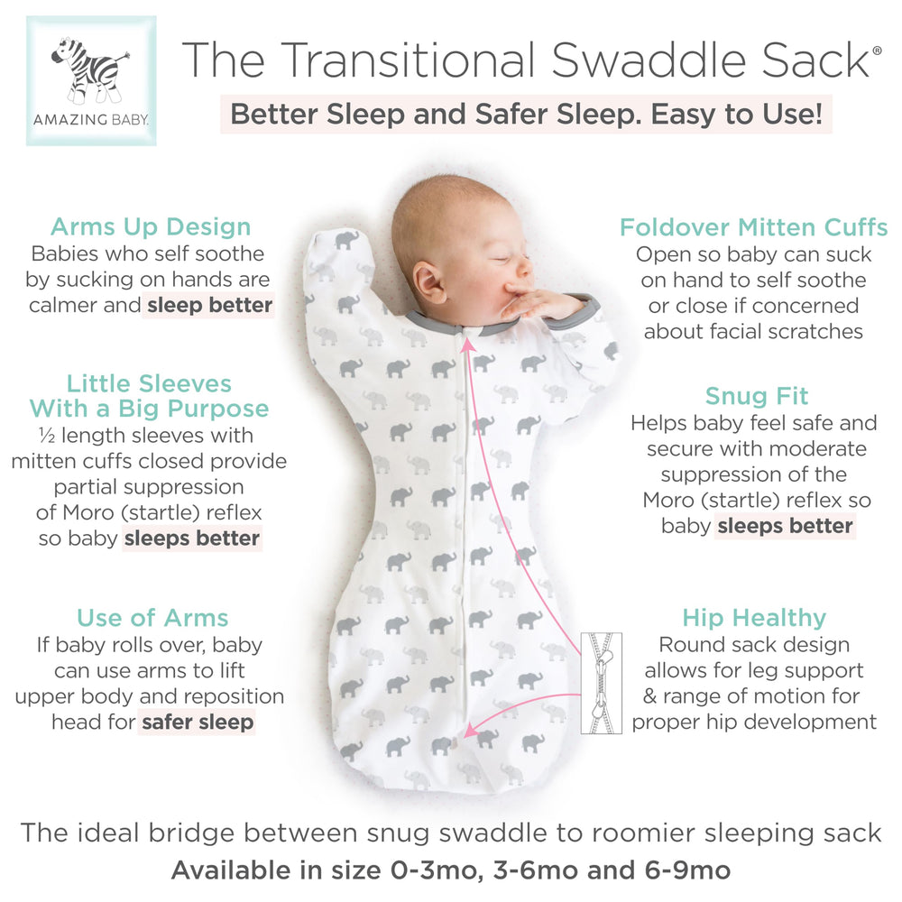 Amazing Baby Transitional Swaddle Sack closed mittens support safe sleep.