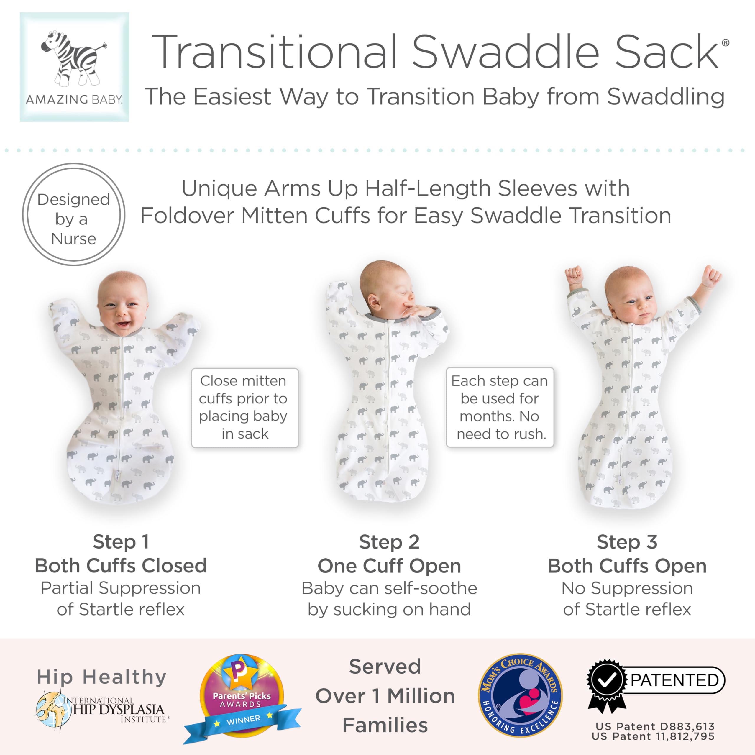 Two-way zipper design eases diaper changes without waking baby.