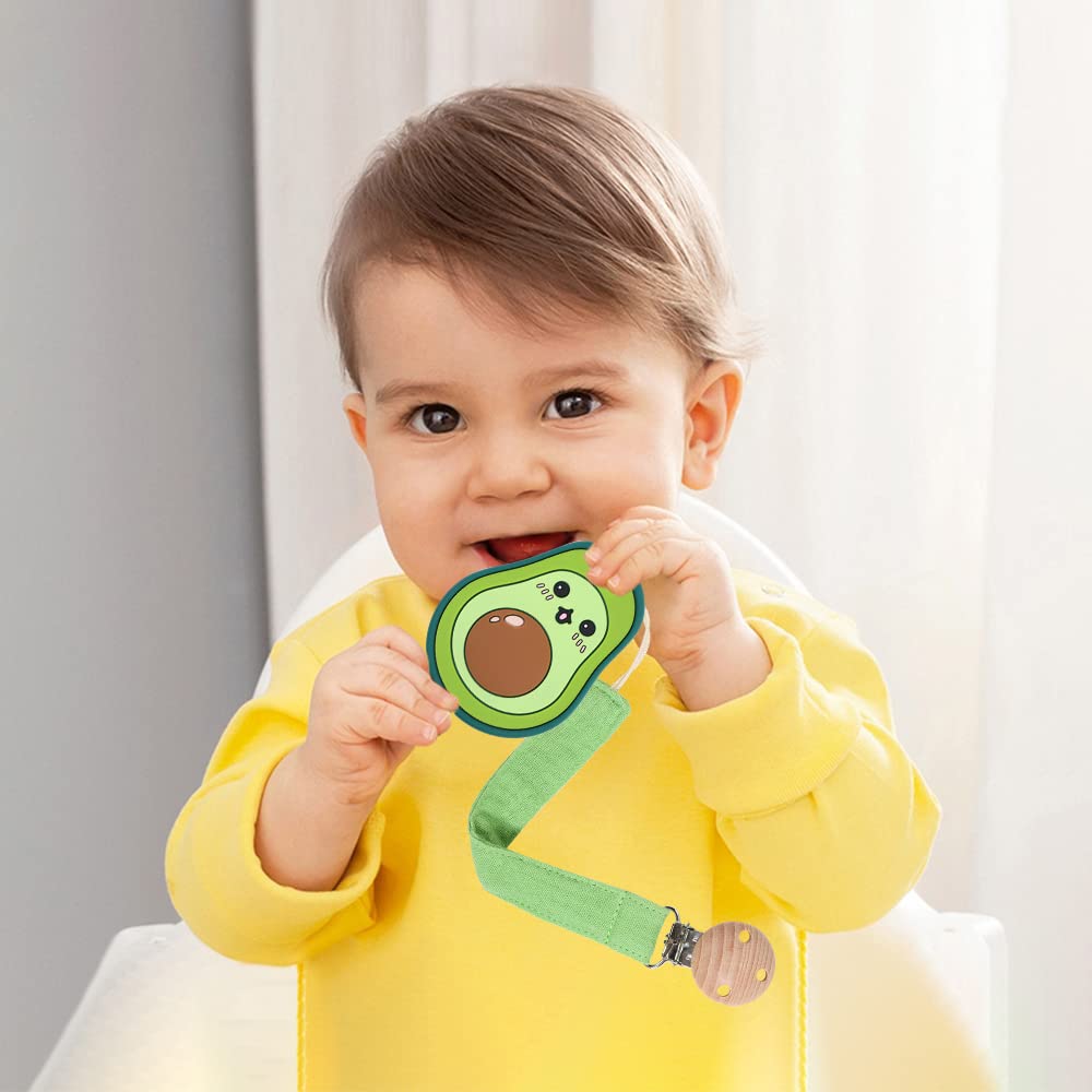 AmazingM avocado teether used on a stroller for on-the-go relief
