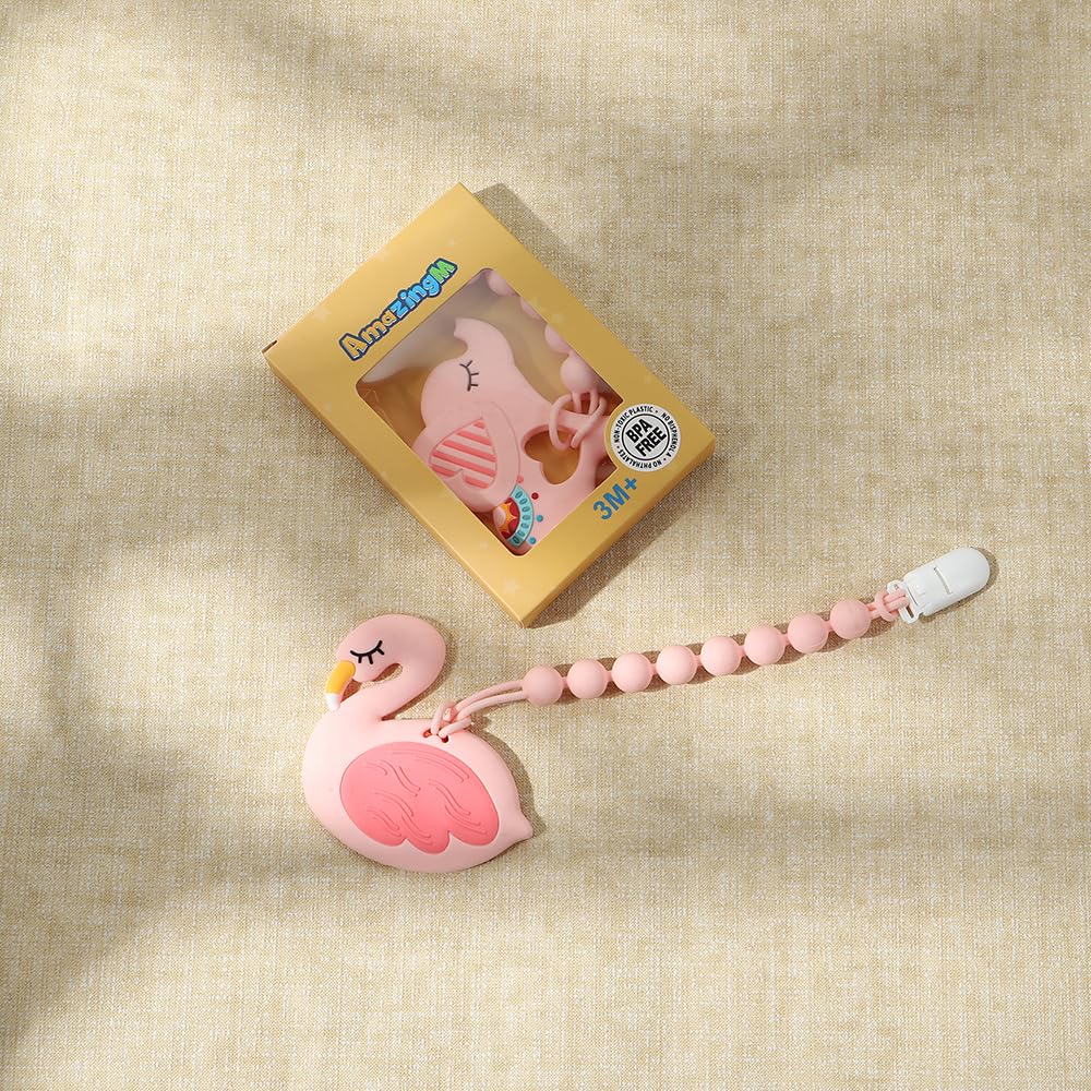 AmazingM pink flamingo teether gift set perfect for gifting