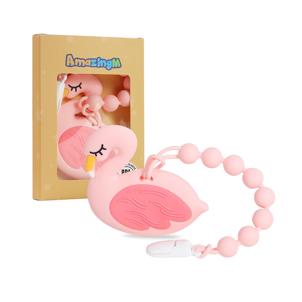 AmazingM baby silicone teether pink flamingo with textured surfaces for gum relief