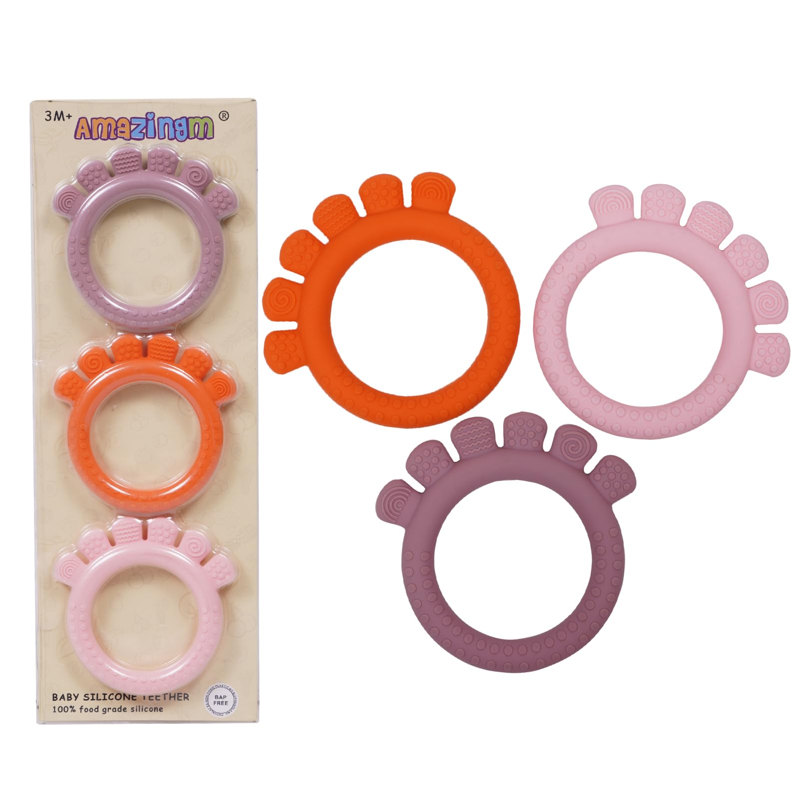 AmazingM Baby Silicone Teething Ring pink with textured ridges soothing tiny gums