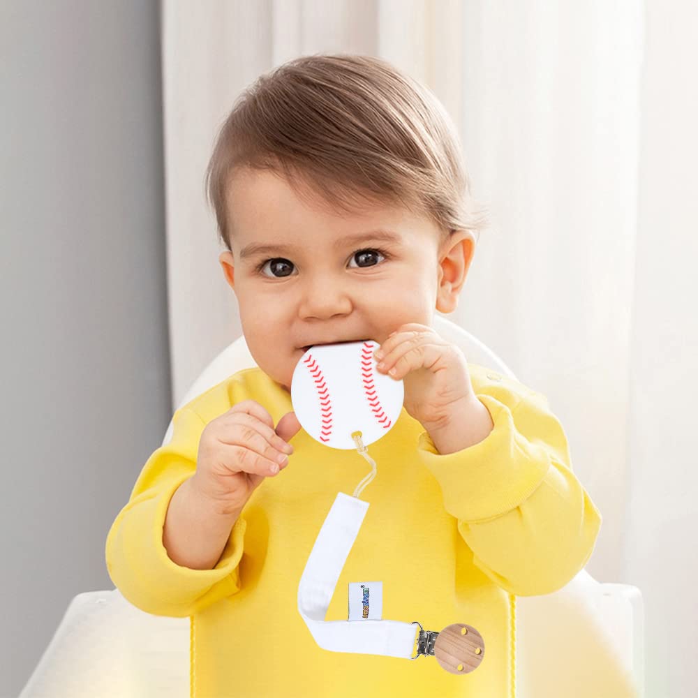 AmazingM baseball teether freezer-safe material stays cool for soothing gums.
