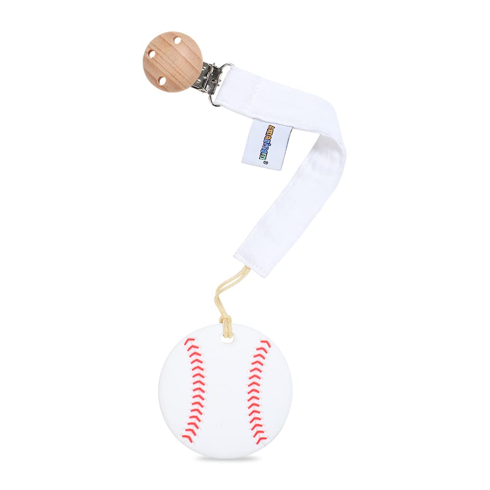 AmazingM baseball teether with textured silicone to soothe gums during chewing.