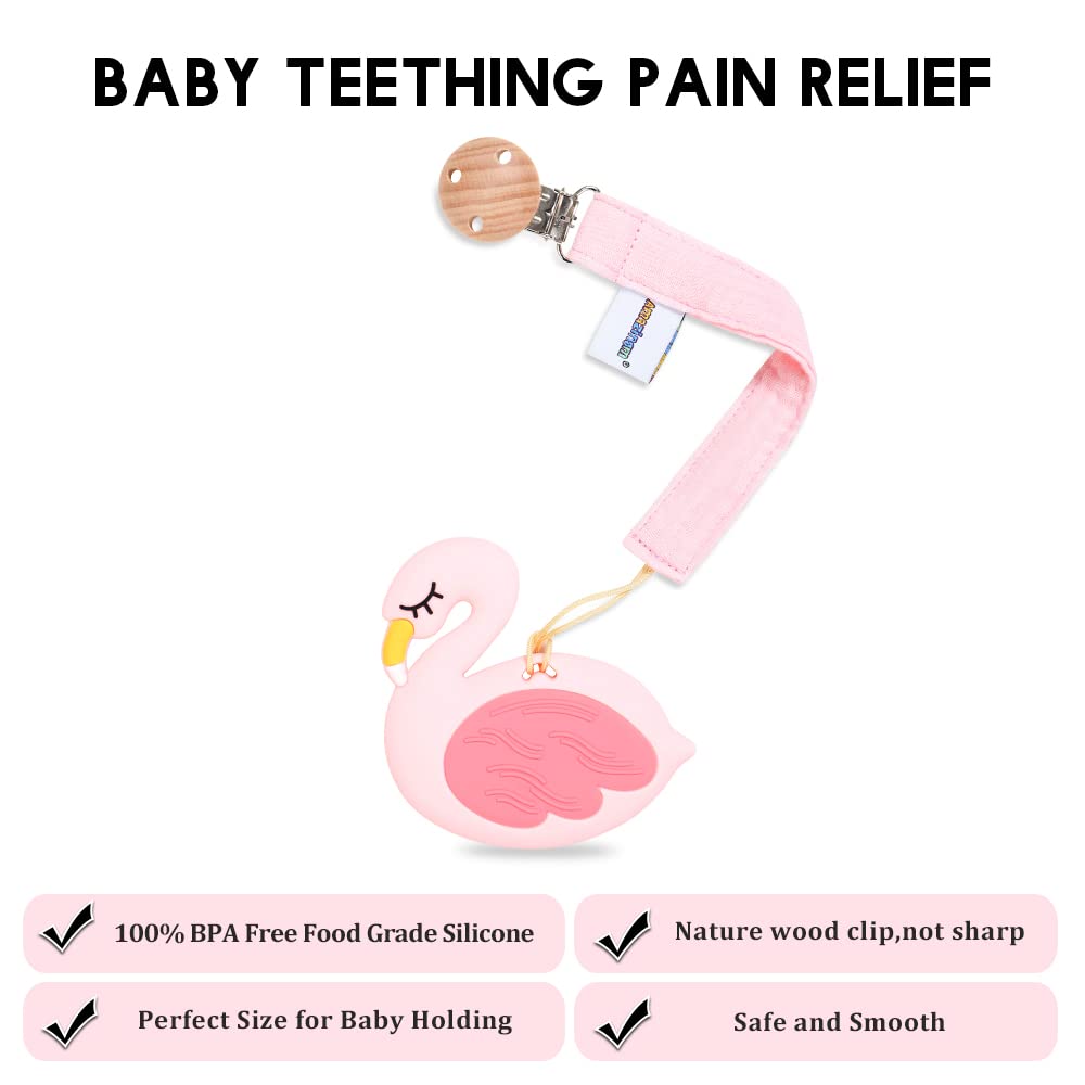 AmazingM freezer-safe silicone teether cools for comfort.