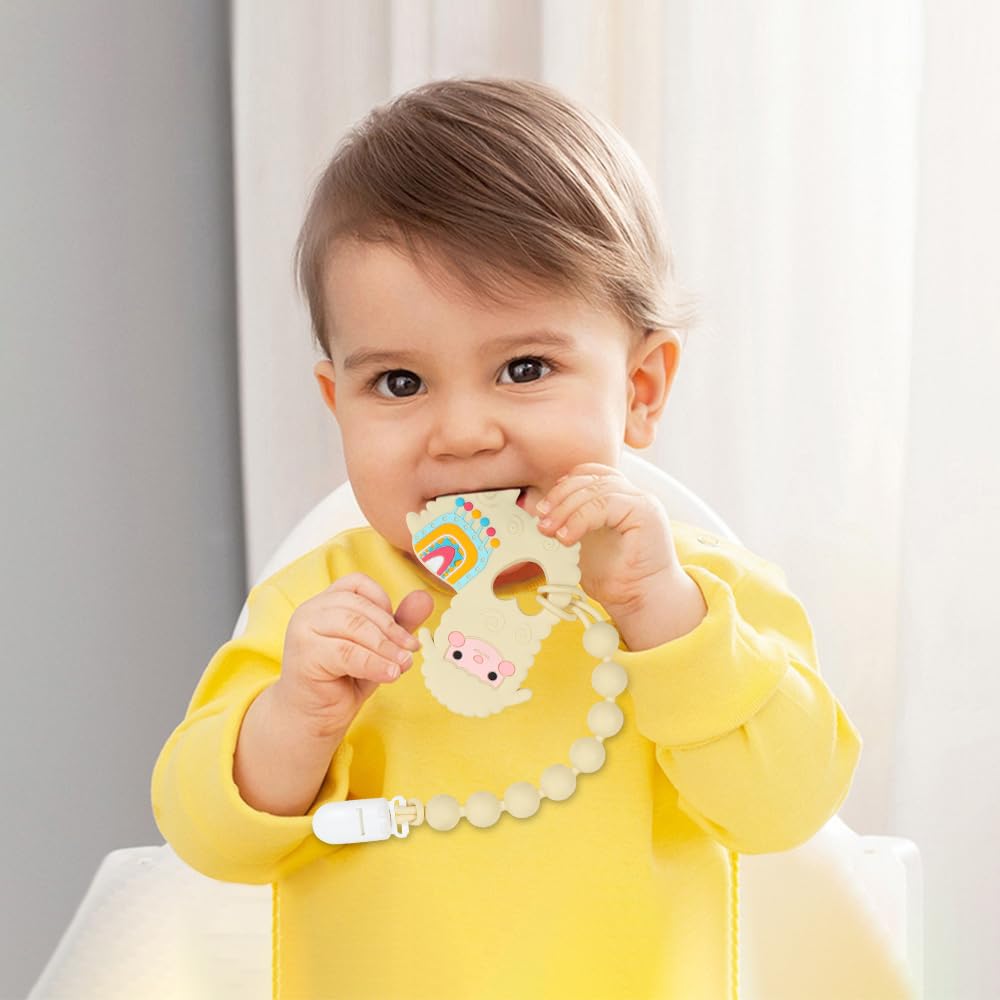 AmazingM yellow llama teether close-up attracts baby’s attention during play