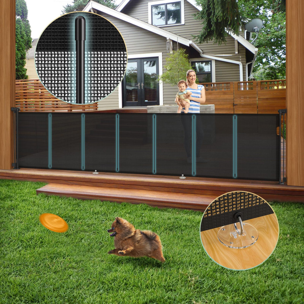 AMAZKRUS 140-inch retractable gate extended across a doorway for wide openings.
