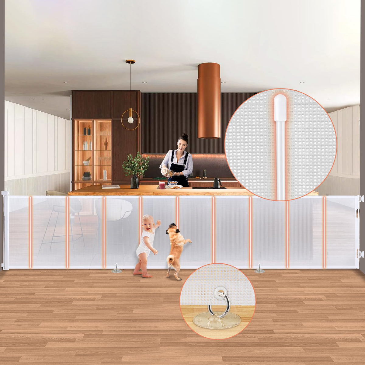 AMAZKRUS retractable gate fully extended to cover a large opening for kids and pets.