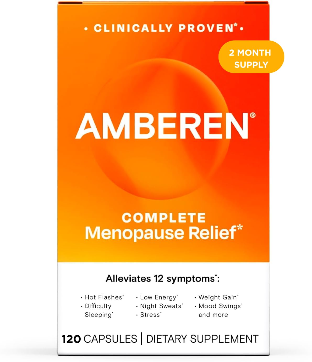 Amberen menopause bottle closeup highlighting the label and balance-support benefits.