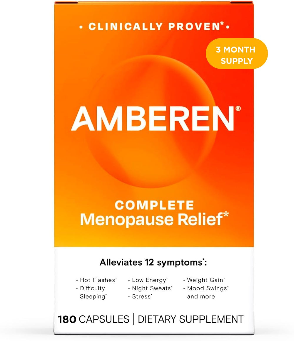 Amberen menopause bottle on kitchen counter supports daily balance and symptom relief.