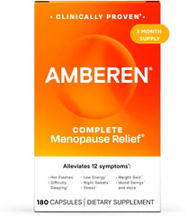 Amberen menopause bottle on kitchen counter supports daily balance and symptom relief.