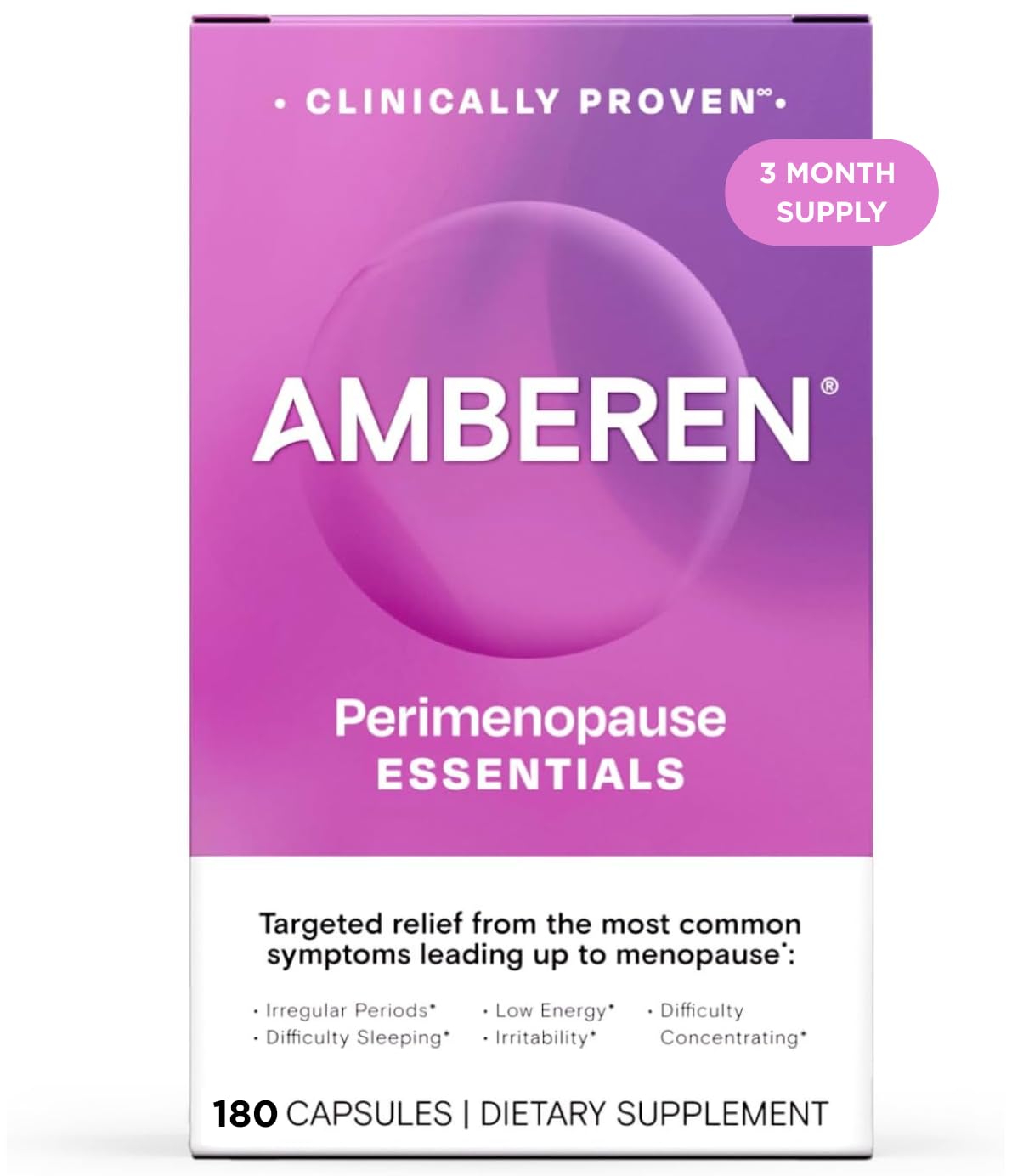 Amberen Perimenopause bottle front showing non-hormonal balance support for women.