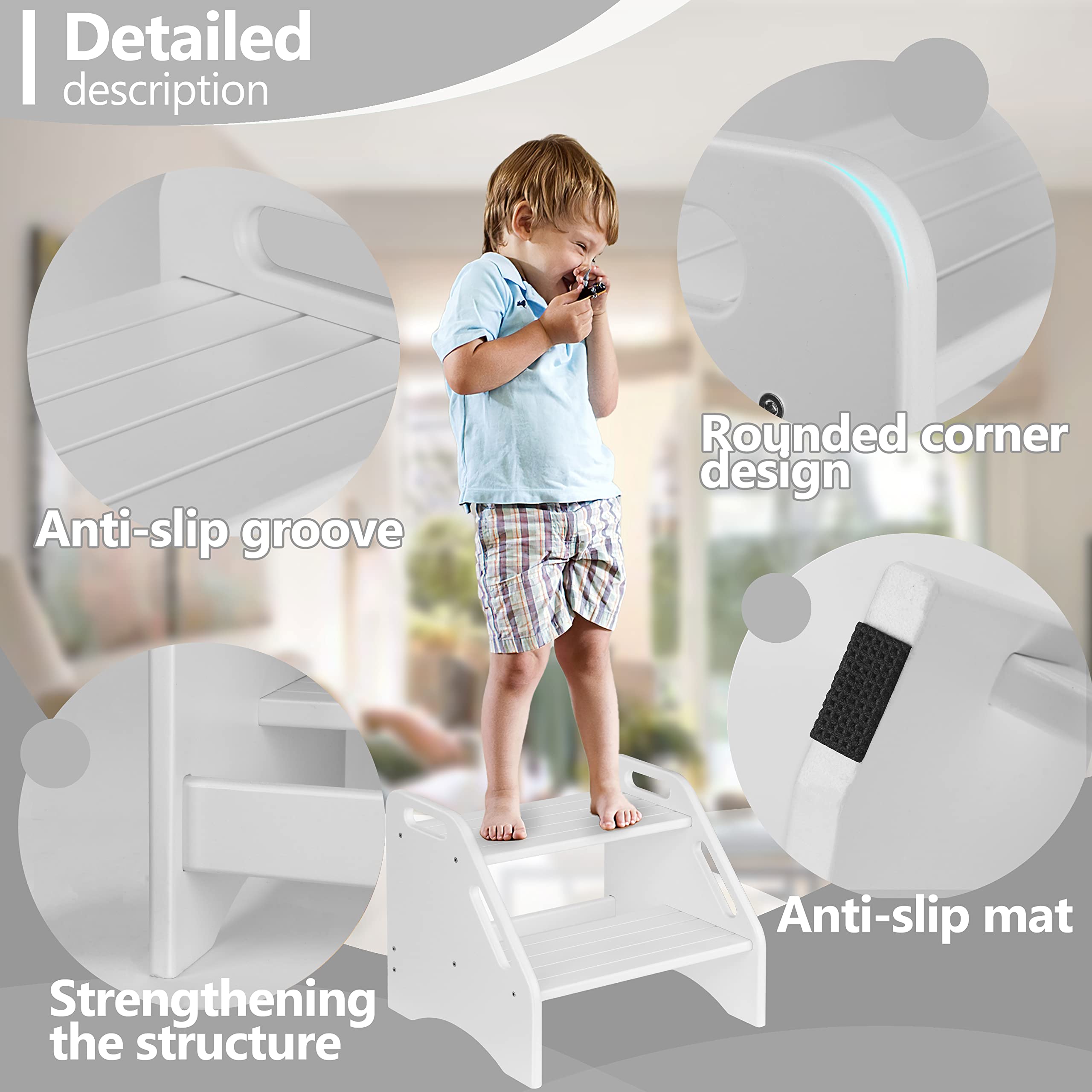 AMBIRD bamboo two-step stool white side view highlighting dual height for kids