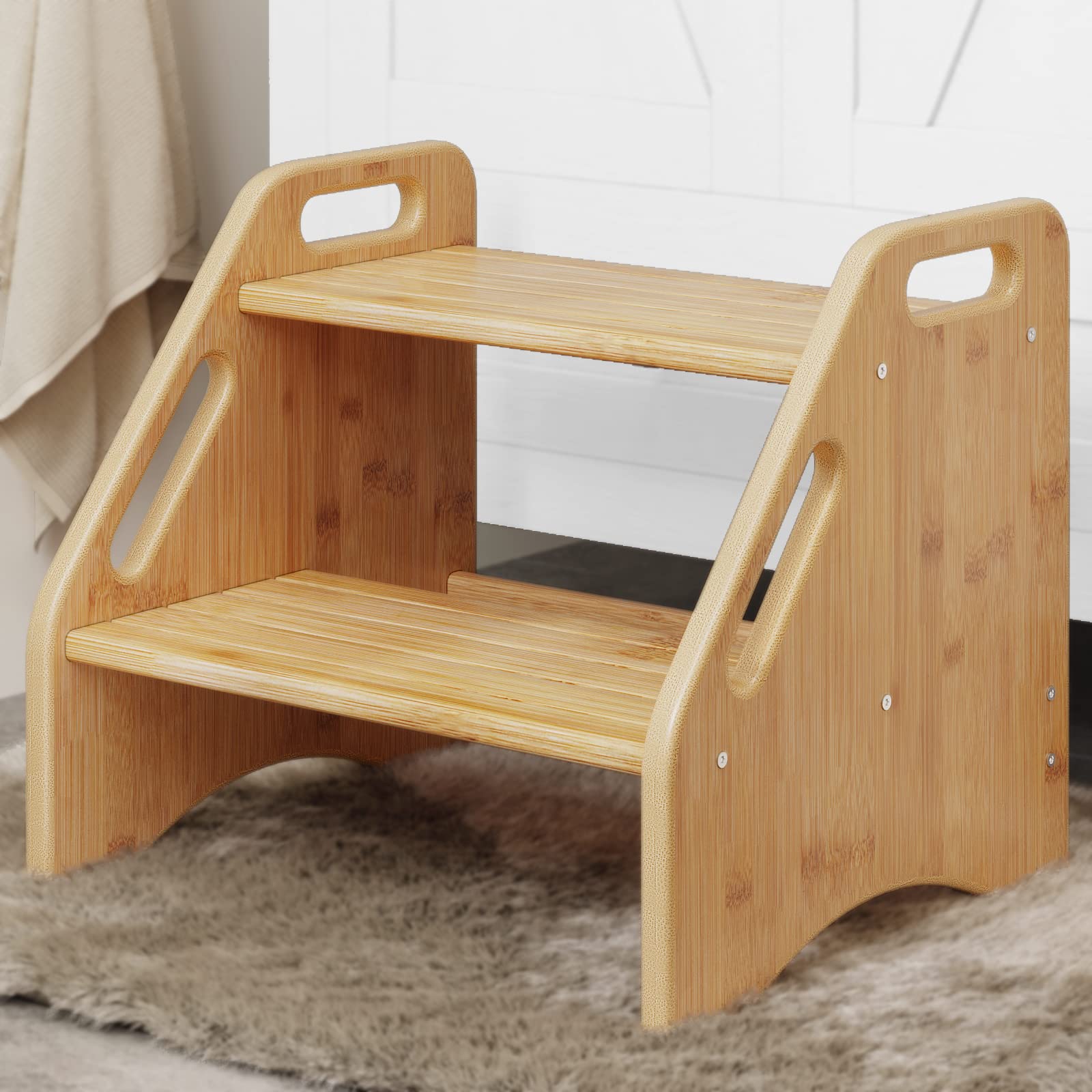AMBIRD bamboo two-step stool seen in a home setting for sinks and counters.