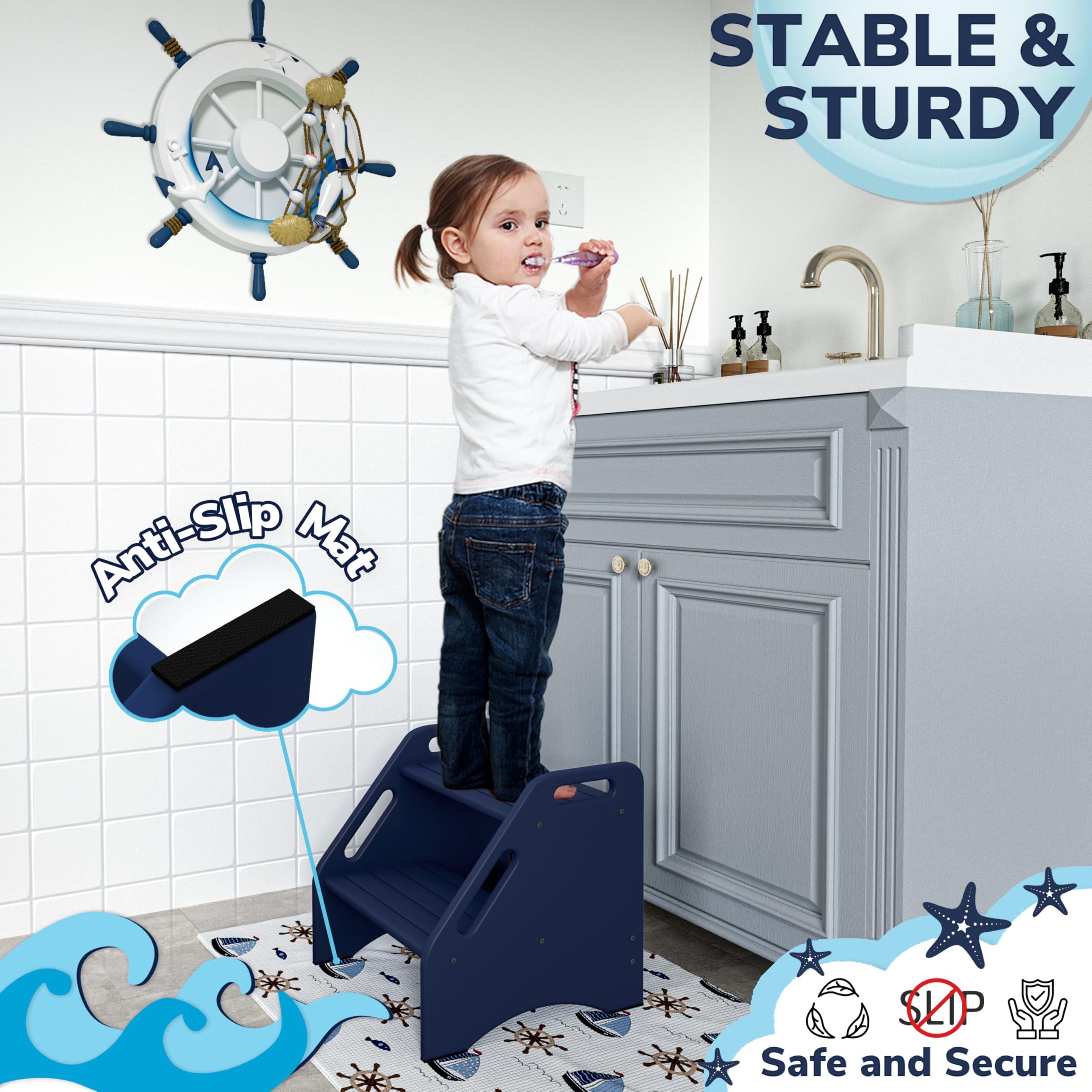 Sturdy handles on AMBIRD stool aid steady climbs for children.