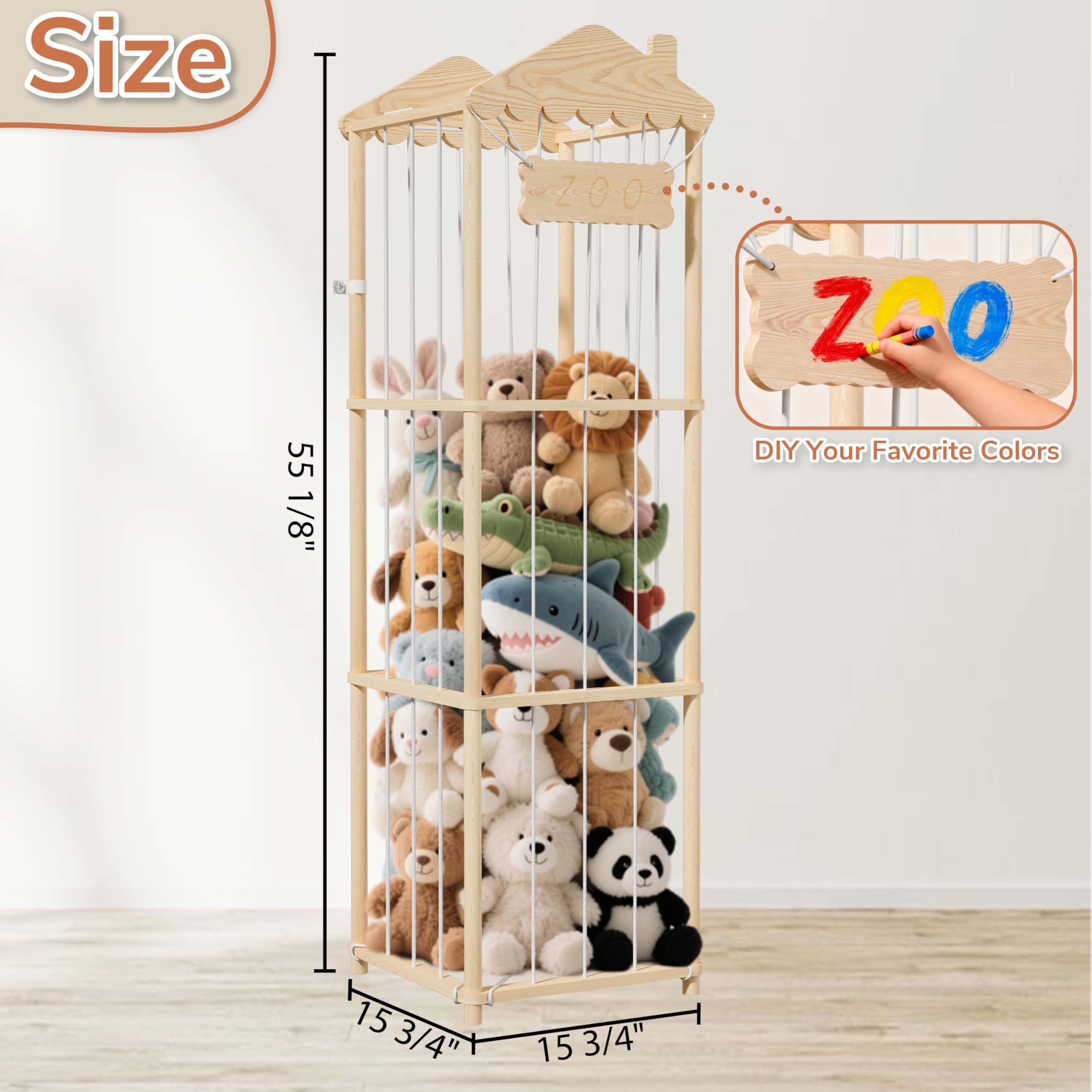 AMBIRD solid pine wood storage offers sturdy, long-lasting shelving for plush collections.