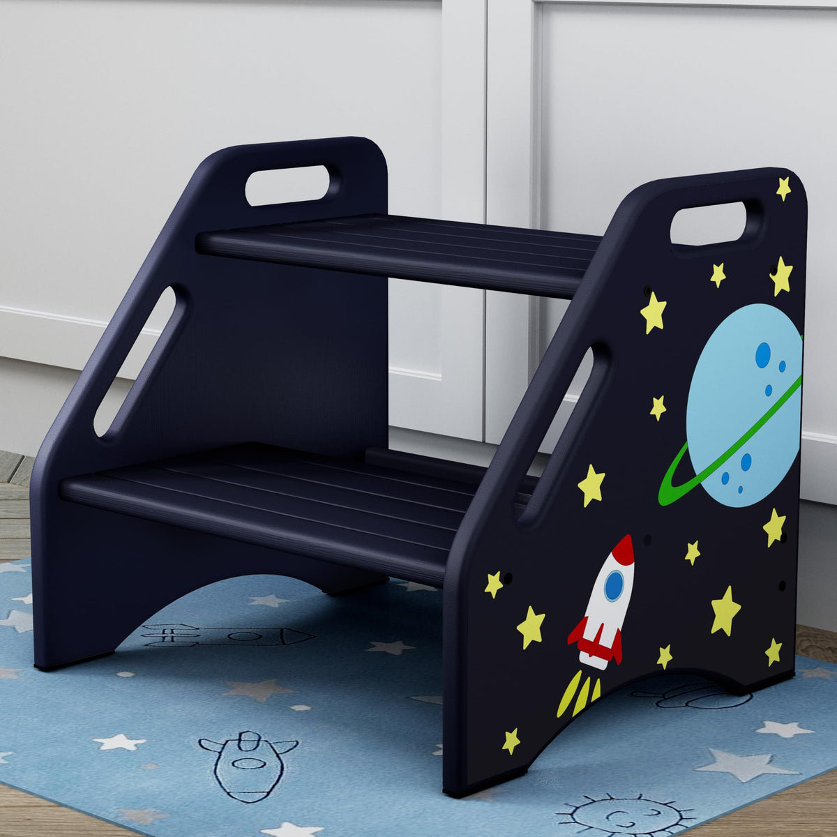 AMBIRD space-themed wooden two-step stool for independent daily tasks