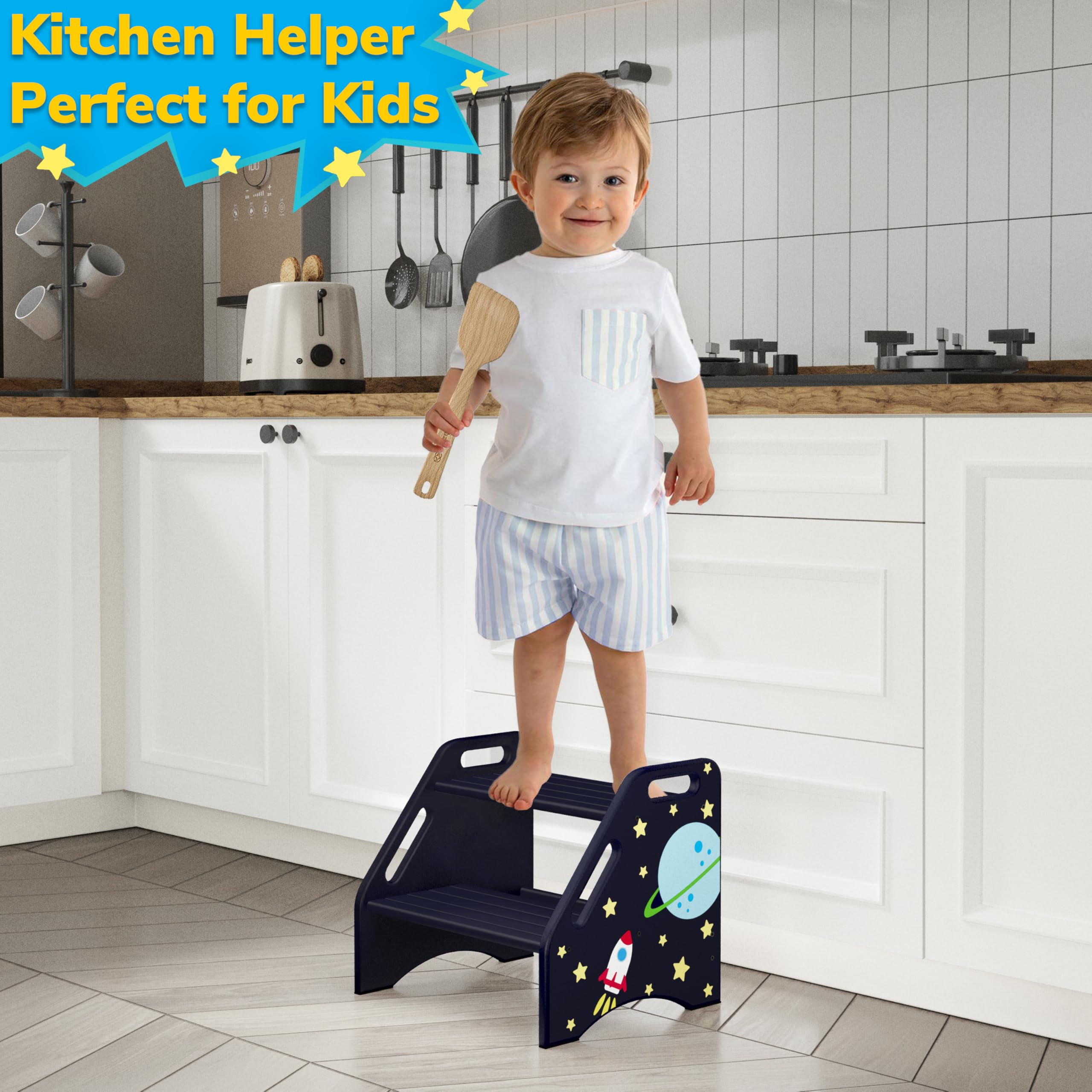 AMBIRD space-themed stool for multi-room use in bathroom, bedroom, kitchen, and play