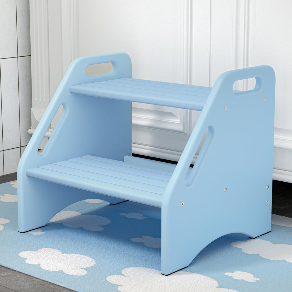 AMBIRD two-step bamboo stool in sky blue with handles for safe bathroom reach